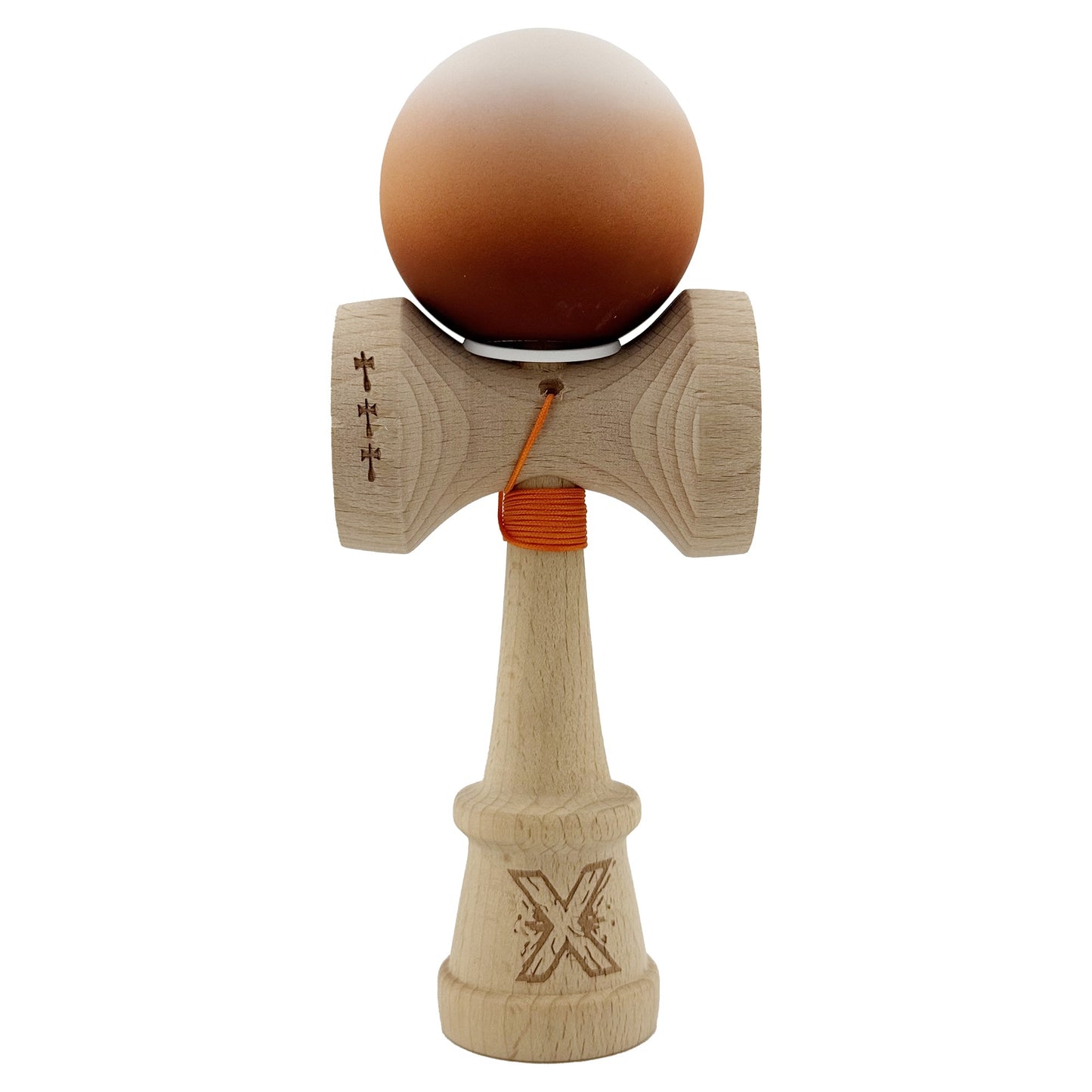 Kendama X Originala, Profesionala, Klevo, Cupe Mari KING SIZE V3, Rubber Grip, Gaura in Baza, Rulment Metalic, din lemn 18 cm, Ata 62/65 cm, Gradient Alb/Maro