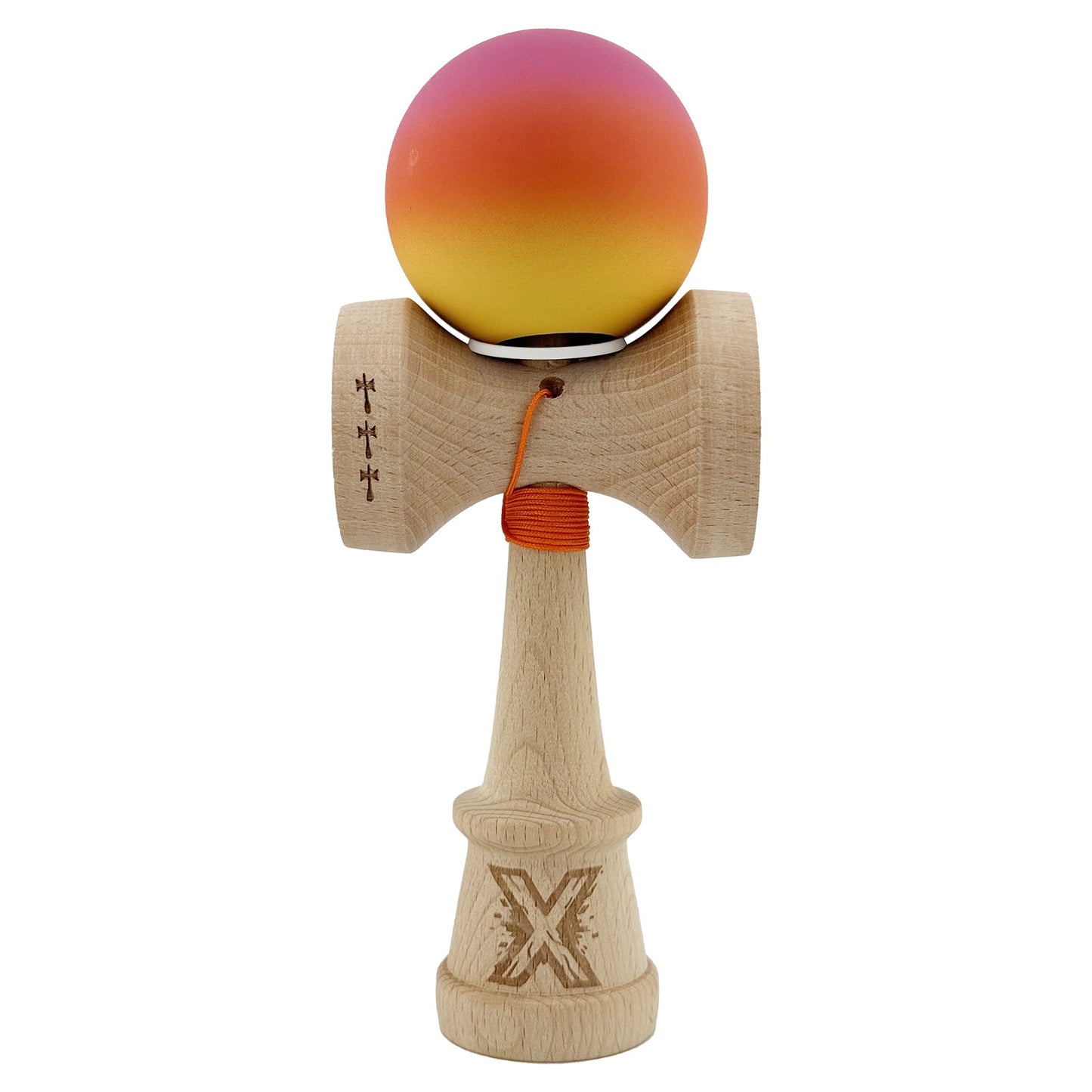 Kendama X Originala, Profesionala, Klevo, Cupe Mari KING SIZE V3, Rubber Grip, Gaura in Baza, Rulment Metalic, din lemn 18 cm, Ata 62/65 cm, Gradient Roz/Rosu/Galben