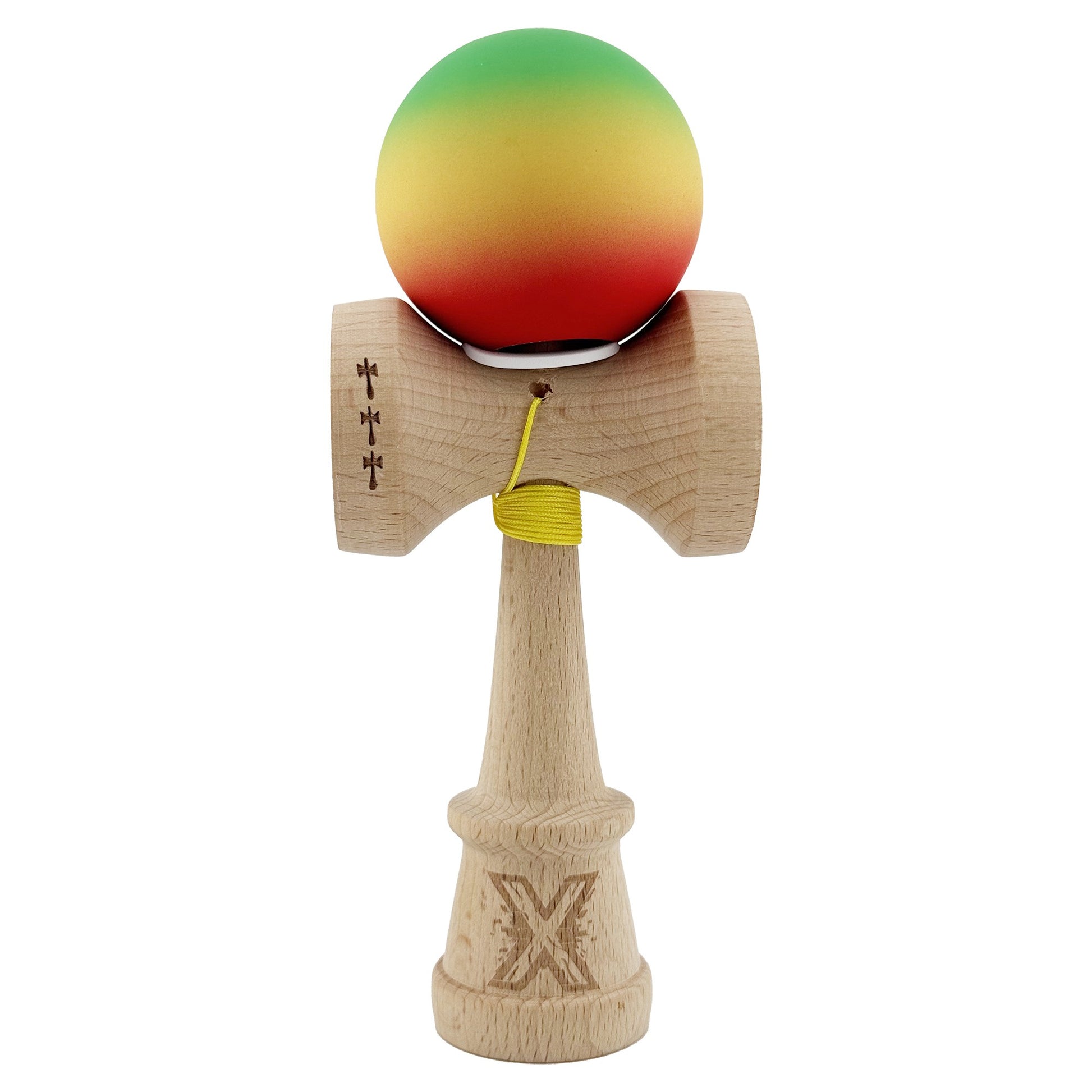 Kendama X Originala, Profesionala, Klevo, Cupe Mari KING SIZE V3, Rubber Grip, Gaura in Baza, Rulment Metalic, din lemn 18 cm, Ata 62/65 cm, Gradient Verde/Galben/Rosu