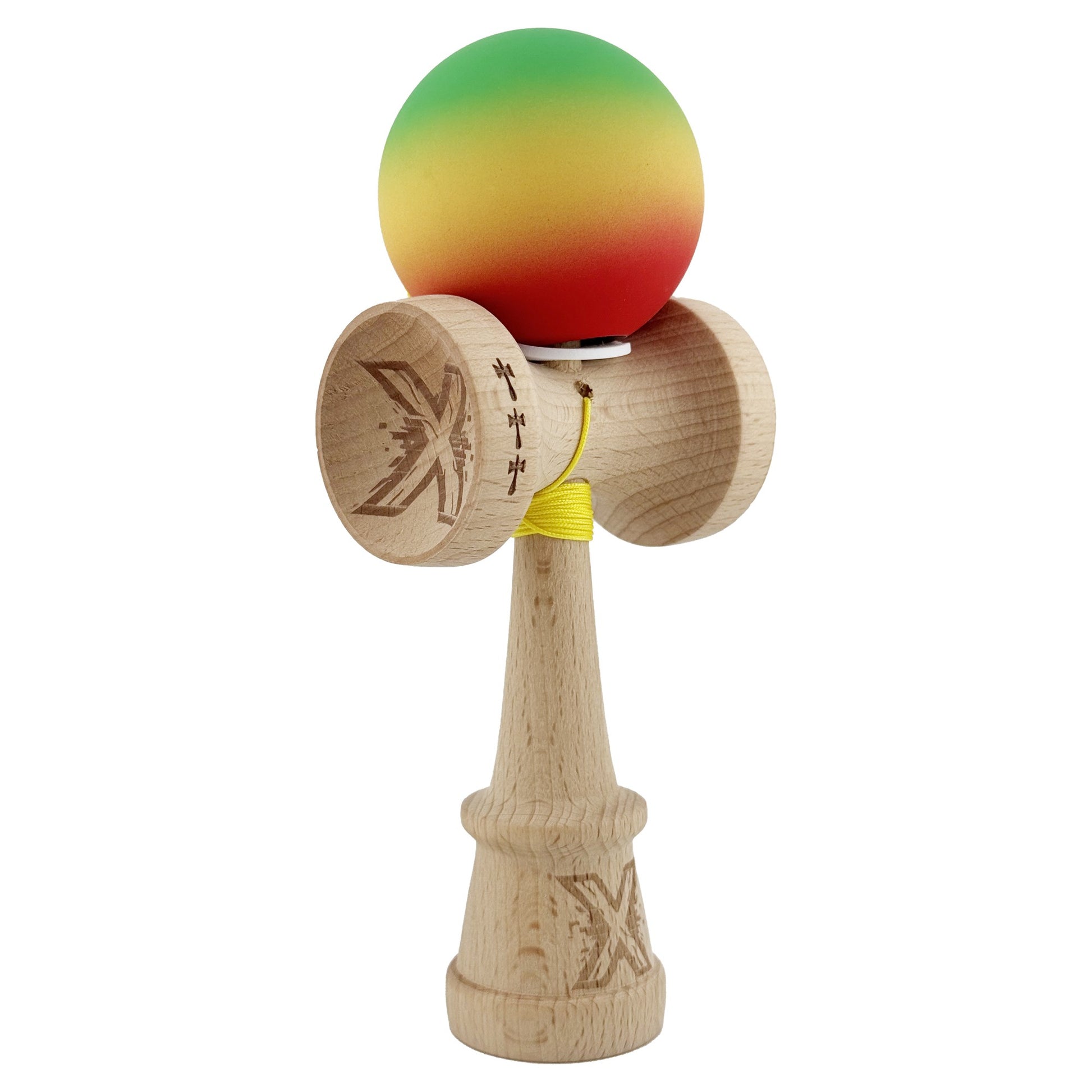 Kendama X Originala, Profesionala, Klevo, Cupe Mari KING SIZE V3, Rubber Grip, Gaura in Baza, Rulment Metalic, din lemn 18 cm, Ata 62/65 cm, Gradient Verde/Galben/Rosu