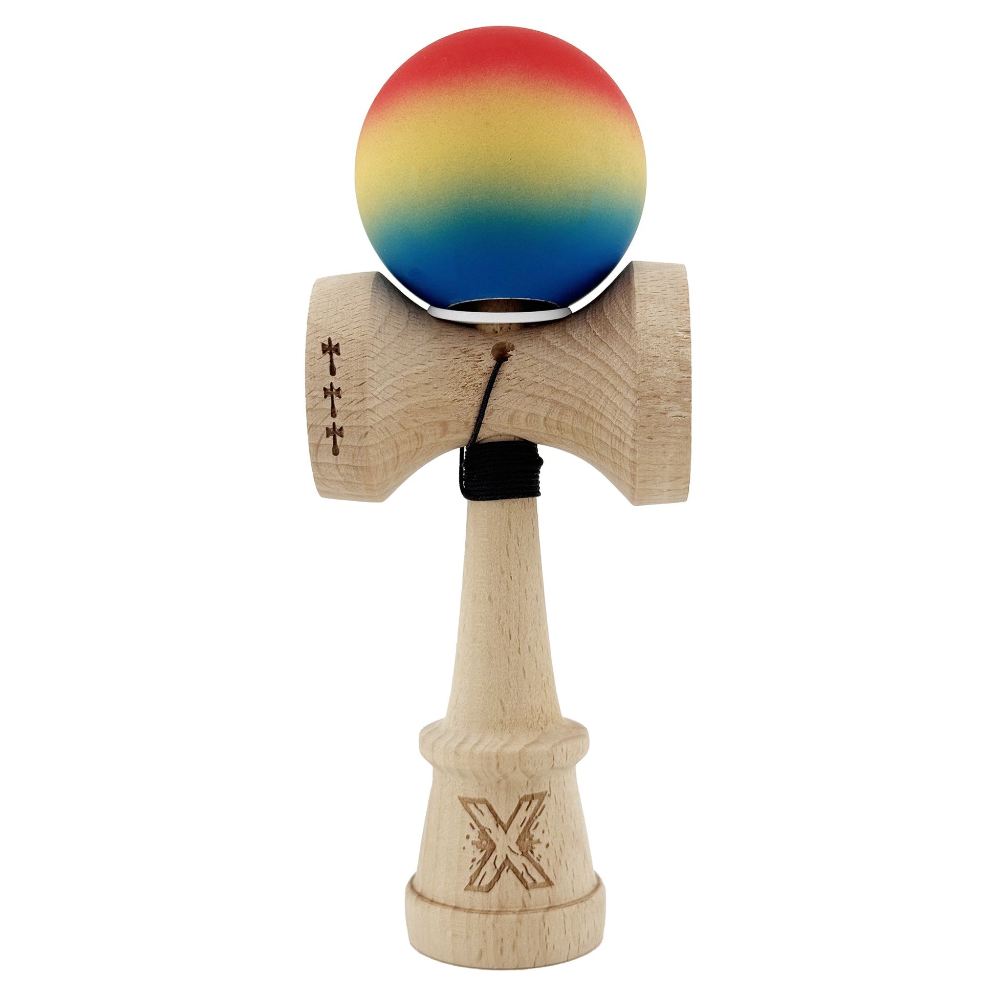 Kendama X Originala, Profesionala, Klevo, Cupe Mari KING SIZE V3, Rubber Grip, Gaura in Baza, Rulment Metalic, din lemn 18 cm, Ata 62/65 cm, Gradient Rosu/Galben/Albastru