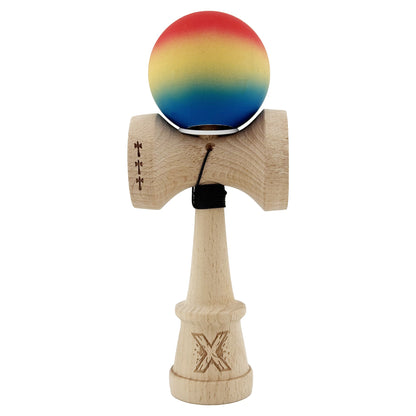 Kendama X Originala, Profesionala, Klevo, Cupe Mari KING SIZE V3, Rubber Grip, Gaura in Baza, Rulment Metalic, din lemn 18 cm, Ata 62/65 cm, Gradient Rosu/Galben/Albastru