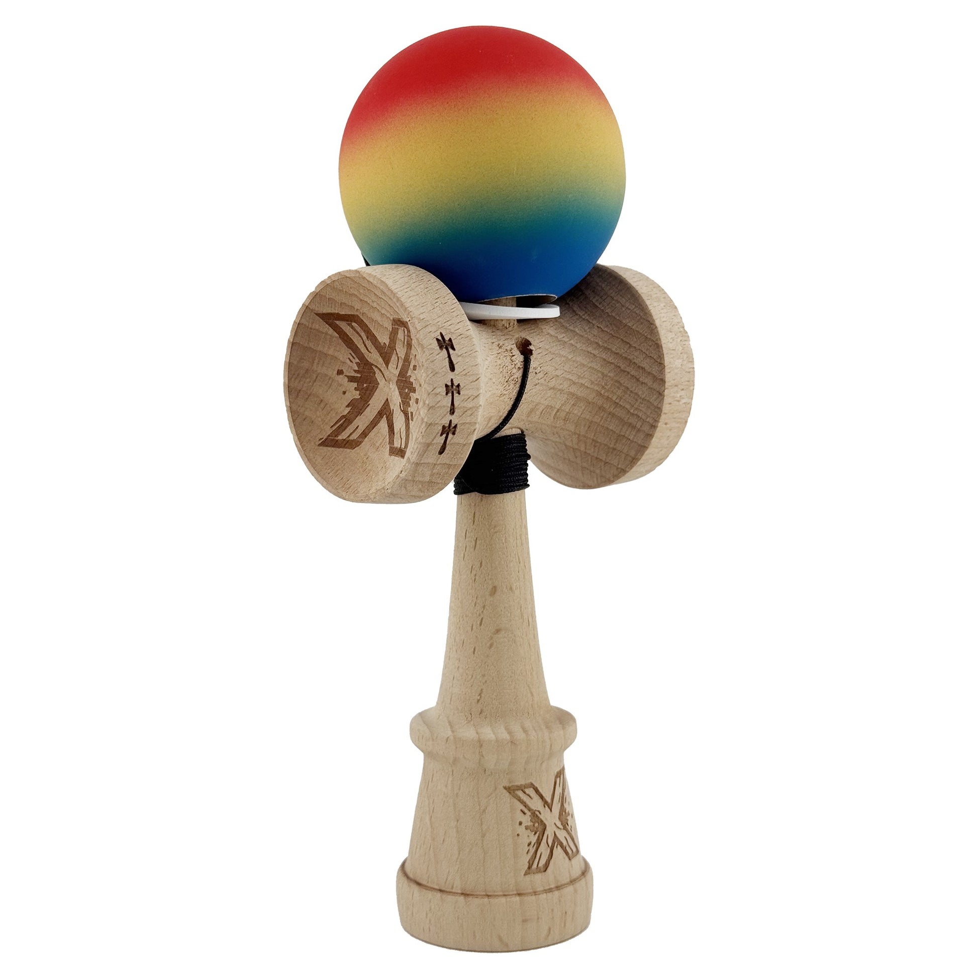 Kendama X Originala, Profesionala, Klevo, Cupe Mari KING SIZE V3, Rubber Grip, Gaura in Baza, Rulment Metalic, din lemn 18 cm, Ata 62/65 cm, Gradient Rosu/Galben/Albastru