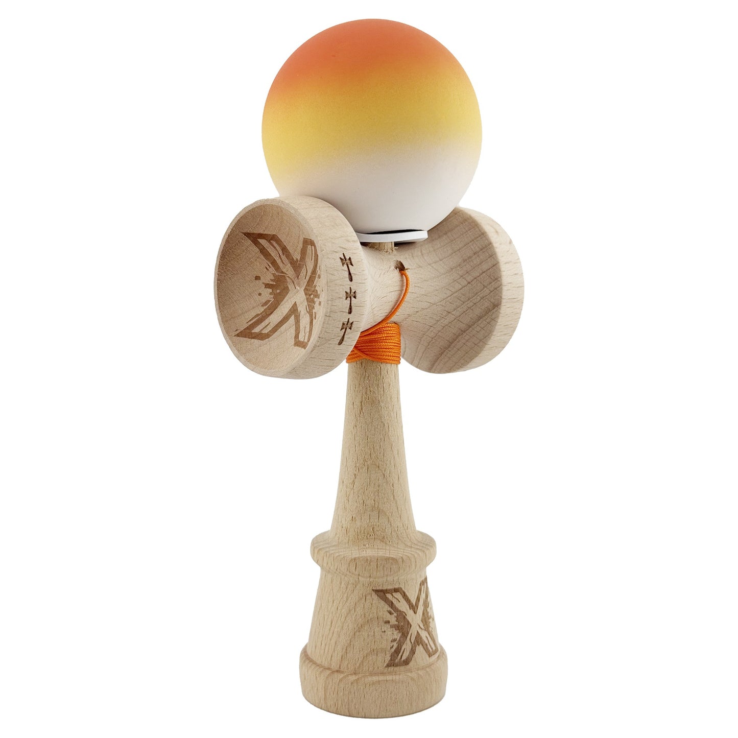 Kendama X Originala, Profesionala, Klevo, Cupe Mari KING SIZE V3, Rubber Grip, Gaura in Baza, Rulment Metalic, din lemn 18 cm, Ata 62/65 cm, Gradient Portocaliu/Galben/Alb