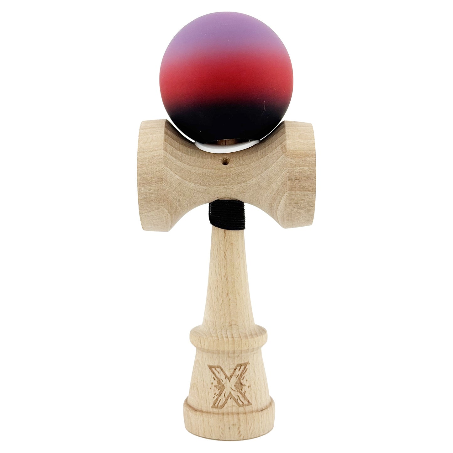 Kendama X Originala, Profesionala, Klevo, Cupe Mari KING SIZE V3, Rubber Grip, Gaura in Baza, Rulment Metalic, din lemn 18 cm, Ata 62/65 cm, Gradient Mov/Rosu/Negru