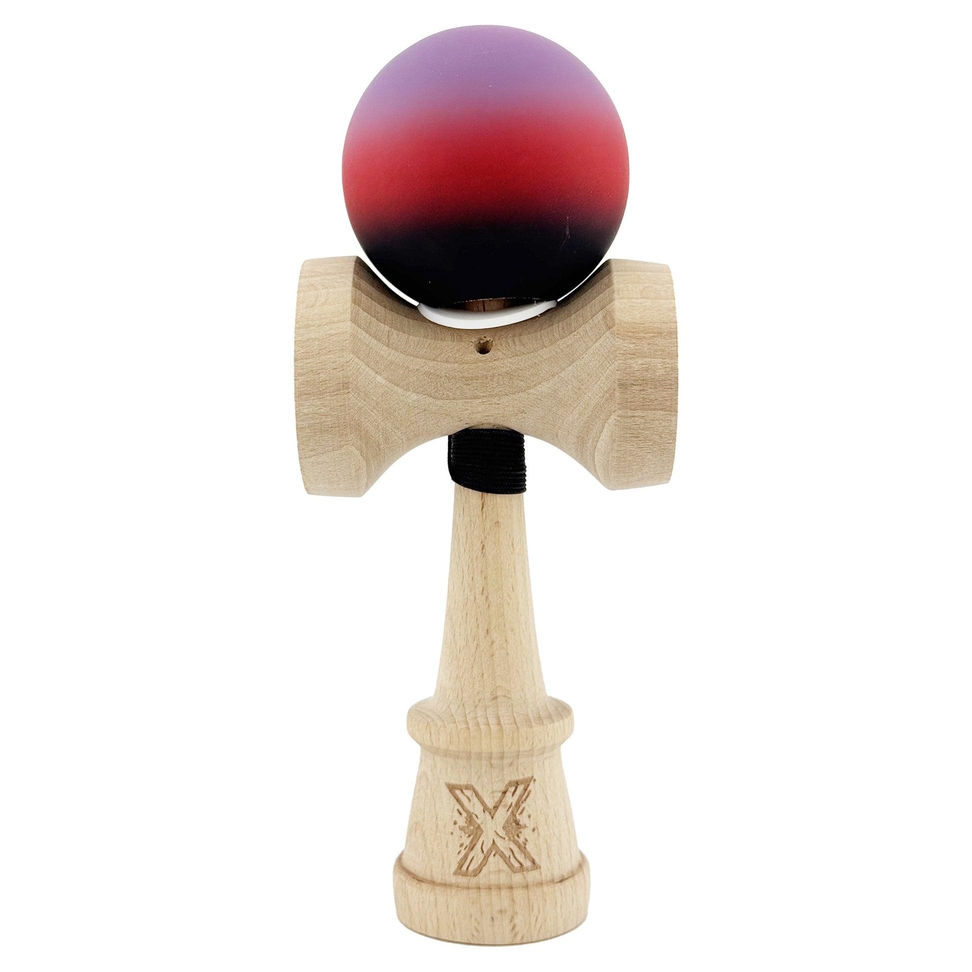 Kendama X Originala, Profesionala, Klevo, Cupe Mari KING SIZE V3, Rubber Grip, Gaura in Baza, Rulment Metalic, din lemn 18 cm, Ata 62/65 cm, Gradient Mov/Rosu/Negru