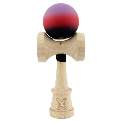 Kendama X Originala, Profesionala, Klevo, Cupe Mari KING SIZE V3, Rubber Grip, Gaura in Baza, Rulment Metalic, din lemn 18 cm, Ata 62/65 cm, Gradient Mov/Rosu/Negru