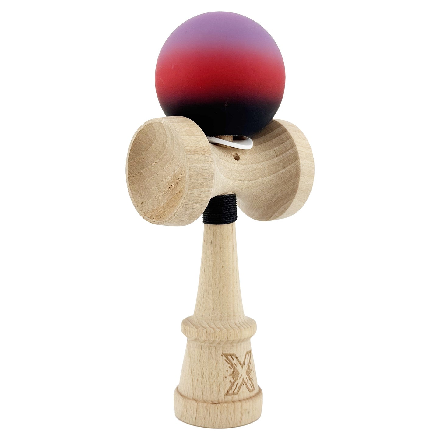 Kendama X Originala, Profesionala, Klevo, Cupe Mari KING SIZE V3, Rubber Grip, Gaura in Baza, Rulment Metalic, din lemn 18 cm, Ata 62/65 cm, Gradient Mov/Rosu/Negru