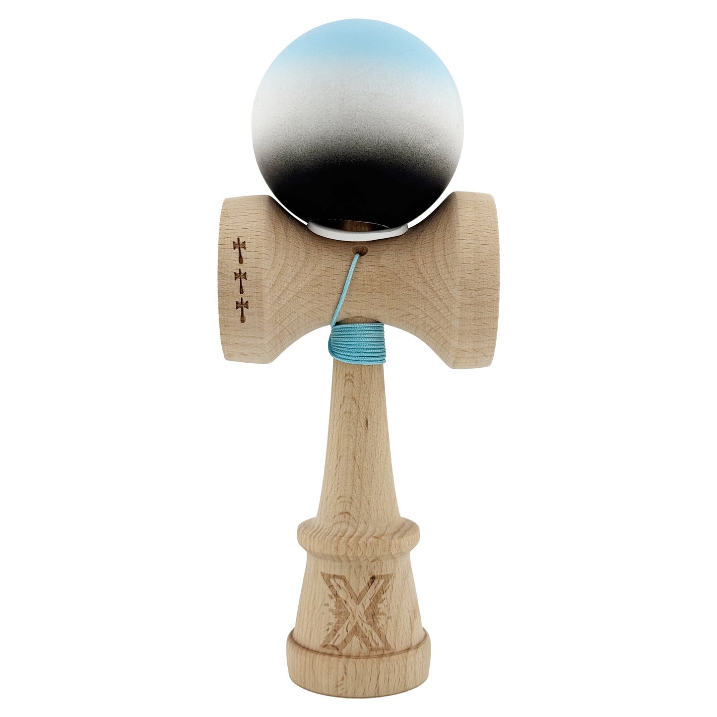 Kendama X Originala, Profesionala, Klevo, Cupe Mari KING SIZE V3, Rubber Grip, Gaura in Baza, Rulment Metalic, din lemn 18 cm, Ata 62/65 cm, Gradient Albastru deschis/Alb/Negru