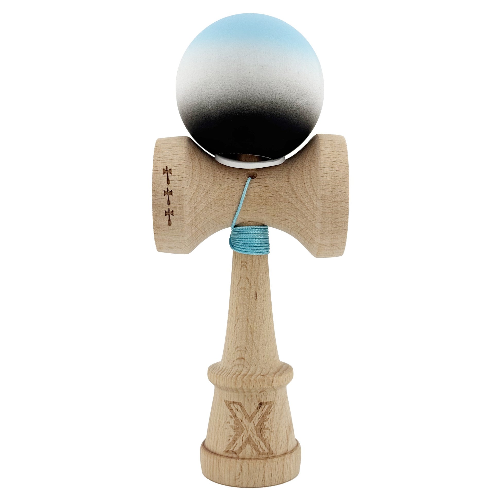 Kendama X Originala, Profesionala, Klevo, Cupe Mari KING SIZE V3, Rubber Grip, Gaura in Baza, Rulment Metalic, din lemn 18 cm, Ata 62/65 cm, Gradient Albastru deschis/Alb/Negru