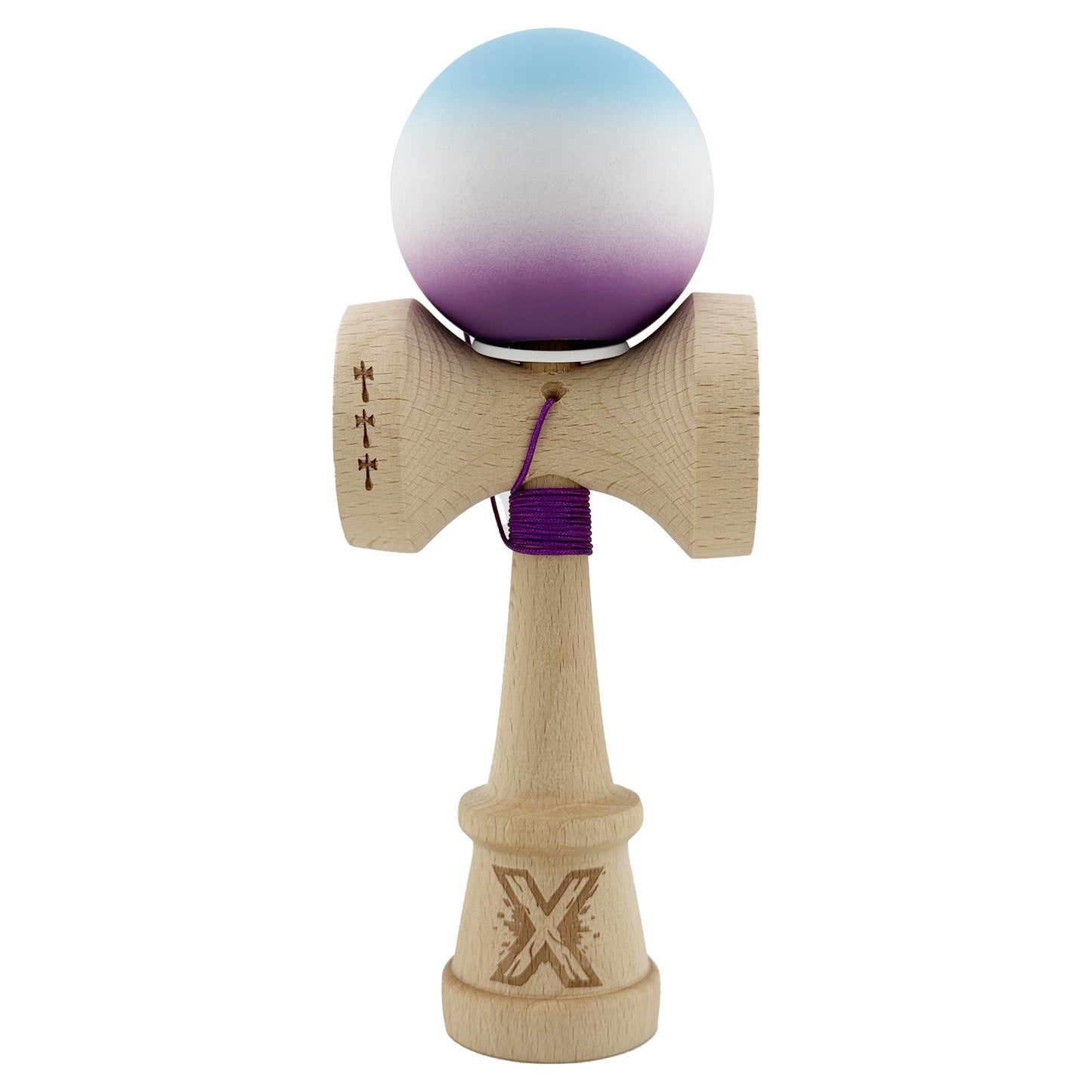 Kendama X Originala, Profesionala, Klevo, Cupe Mari KING SIZE V3, Rubber Grip, Gaura in Baza, Rulment Metalic, din lemn 18 cm, Ata 62/65 cm, Gradient Albastru deschis/Alb/Mov