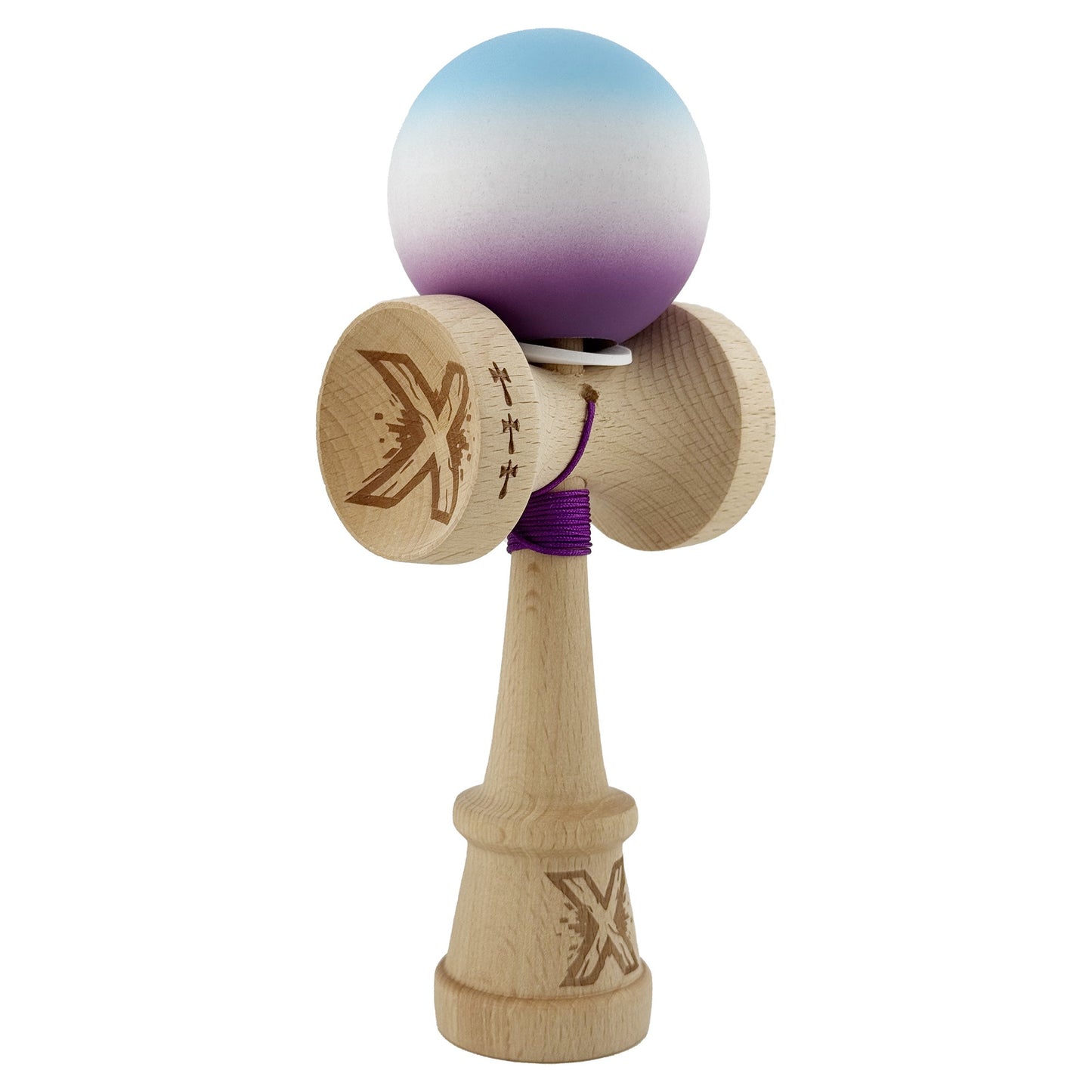 Kendama X Originala, Profesionala, Klevo, Cupe Mari KING SIZE V3, Rubber Grip, Gaura in Baza, Rulment Metalic, din lemn 18 cm, Ata 62/65 cm, Gradient Albastru deschis/Alb/Mov