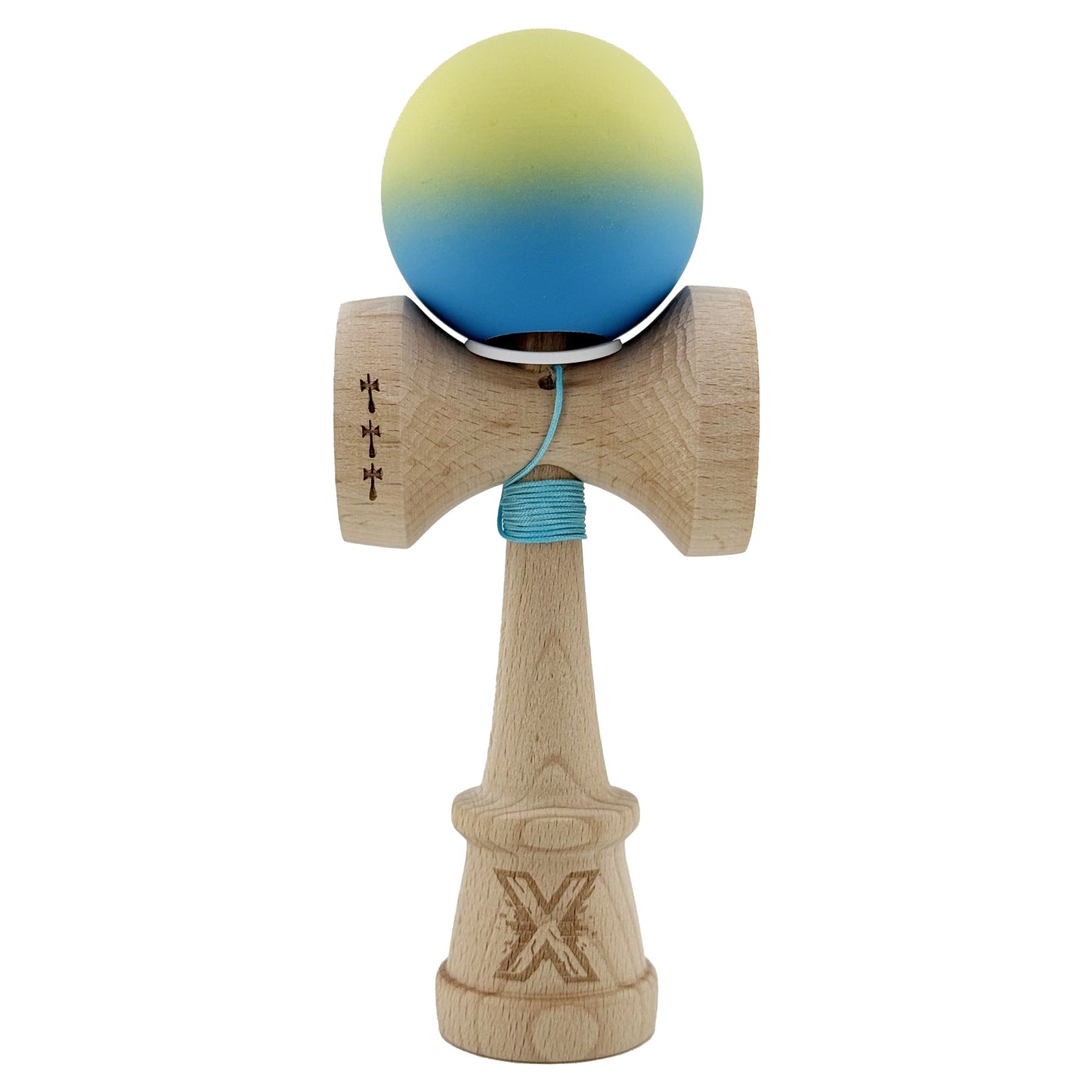Kendama X Originala, Profesionala, Klevo, Cupe Mari KING SIZE V3, Rubber Grip, Gaura in Baza, Rulment Metalic, din lemn 18 cm, Ata 62/65 cm, Gradient Galben/Albastru deschis