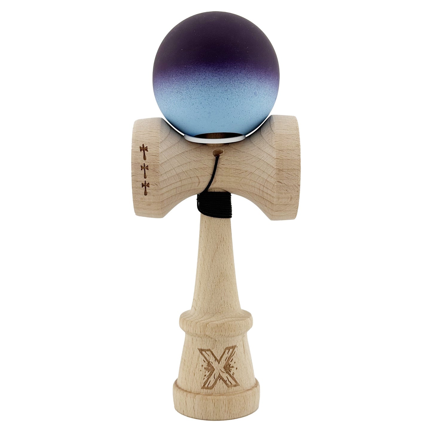 Kendama X Originala, Profesionala, Klevo, Cupe Mari KING SIZE V3, Rubber Grip, Gaura in Baza, Rulment Metalic, din lemn 18 cm, Ata 62/65 cm, Gradient Negru/Albastru deschis