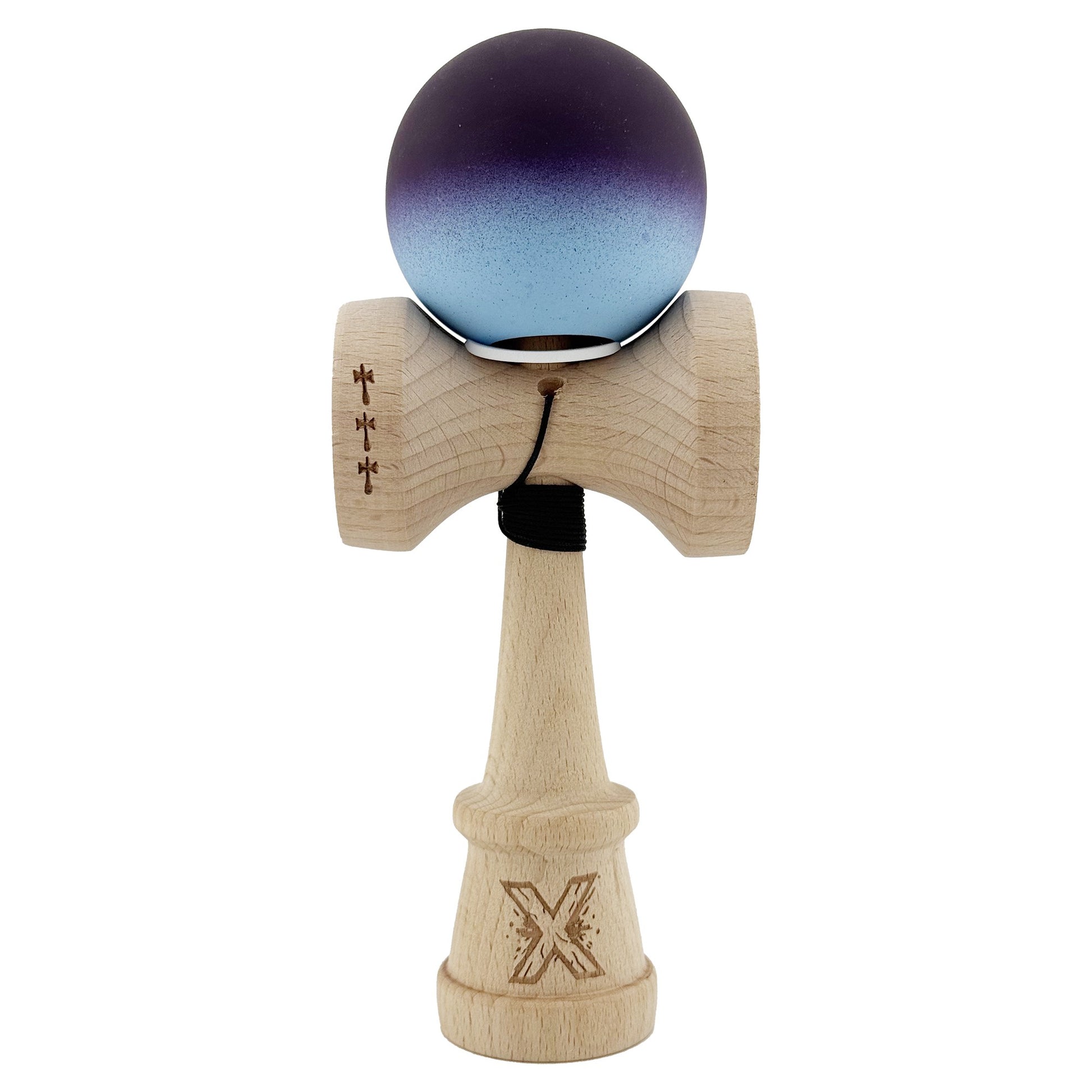 Kendama X Originala, Profesionala, Klevo, Cupe Mari KING SIZE V3, Rubber Grip, Gaura in Baza, Rulment Metalic, din lemn 18 cm, Ata 62/65 cm, Gradient Negru/Albastru deschis