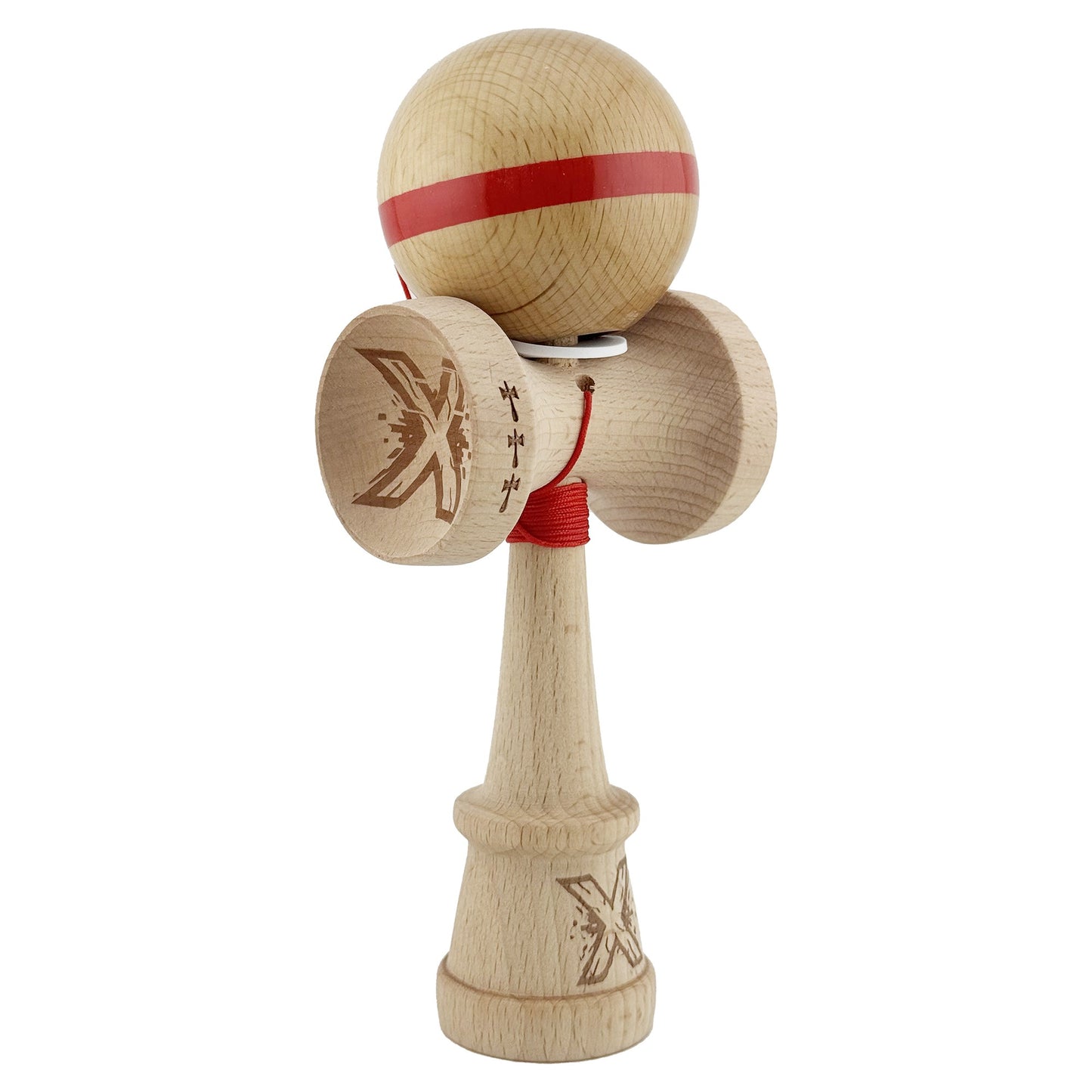 Kendama X Originala, Profesionala, Klevo, Super Sticky, Cupe Mari KING SIZE V3, Gaura in Baza, Rulment Metalic, din lemn 18 cm, Ata 62/65 cm, Original Rosu