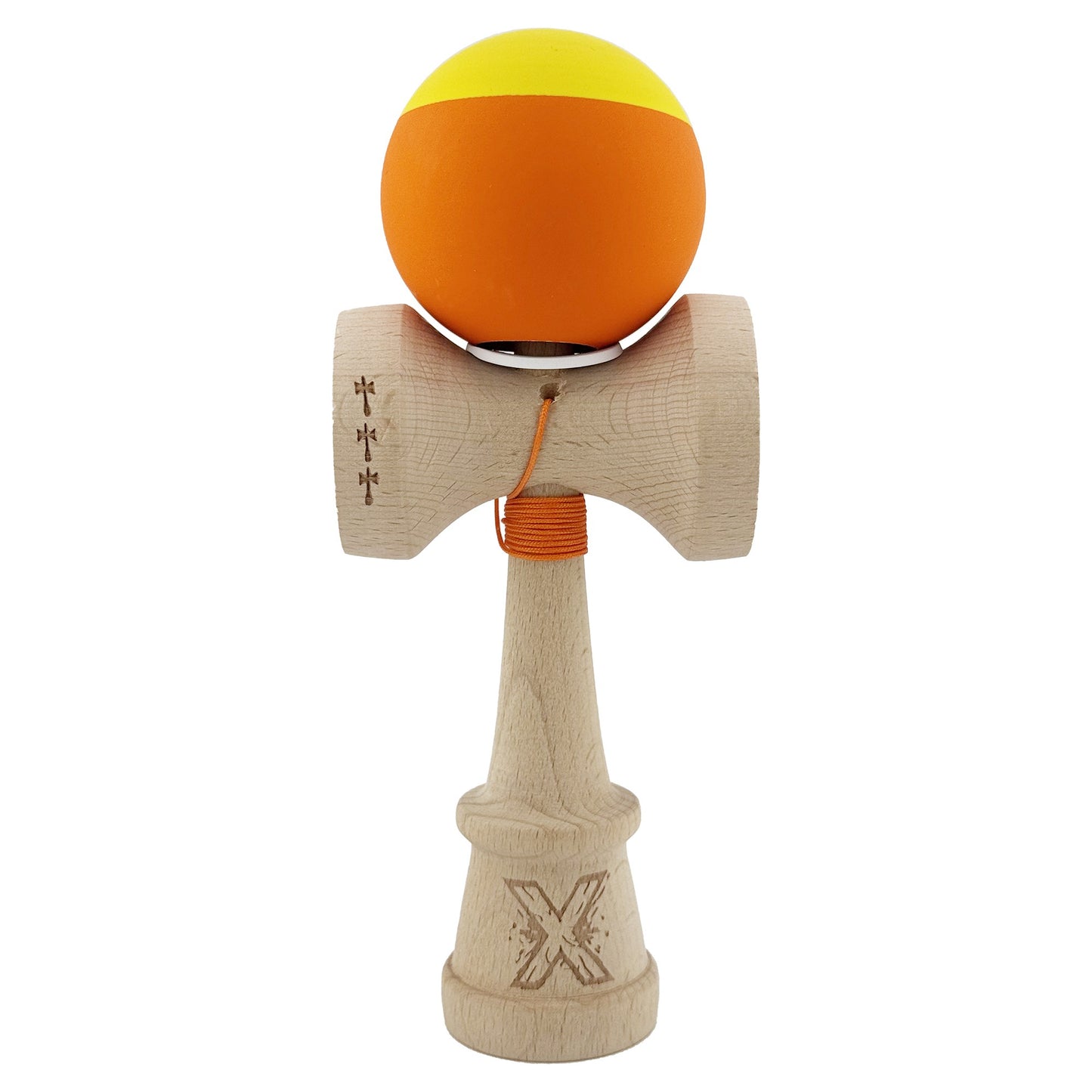 Kendama X Originala, Profesionala, Klevo, Rubber Grip, Cupe Mari KING SIZE V3, Gaura in Baza, Rulment Metalic, din lemn 18 cm, Ata 62/65 cm, Bicolor Galben/Portocaliu