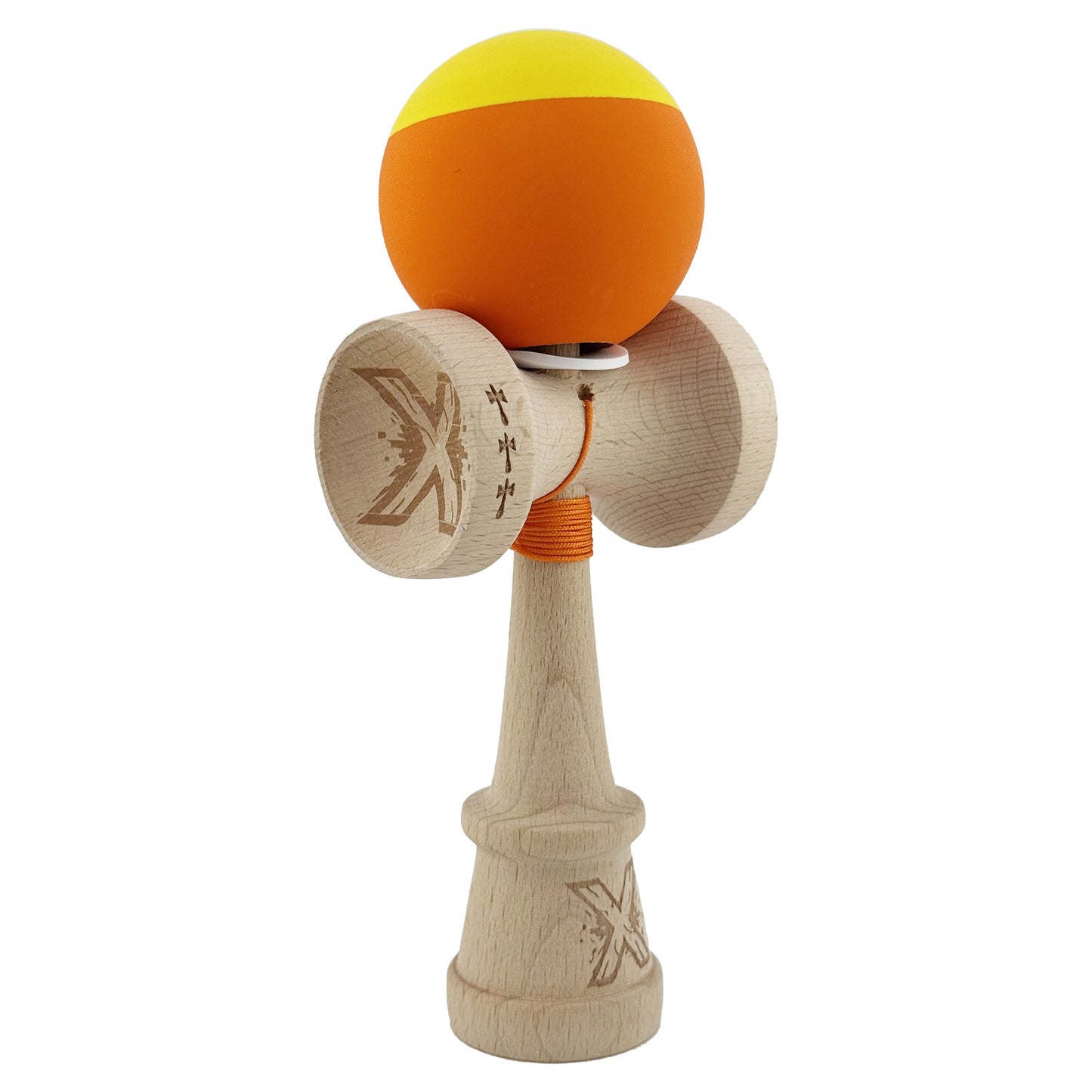 Kendama X Originala, Profesionala, Klevo, Rubber Grip, Cupe Mari KING SIZE V3, Gaura in Baza, Rulment Metalic, din lemn 18 cm, Ata 62/65 cm, Bicolor Galben/Portocaliu