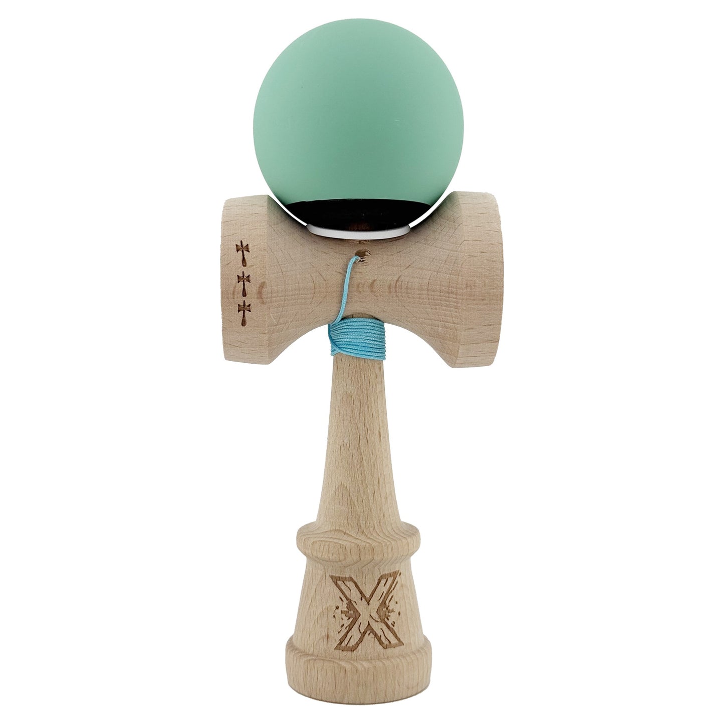 Kendama X Originala, Profesionala, Klevo, Rubber Grip, Cupe Mari KING SIZE V3, Gaura in Baza, Rulment Metalic, din lemn 18 cm, Ata 62/65 cm, Bicolor Turcoaz/Albastru inchis
