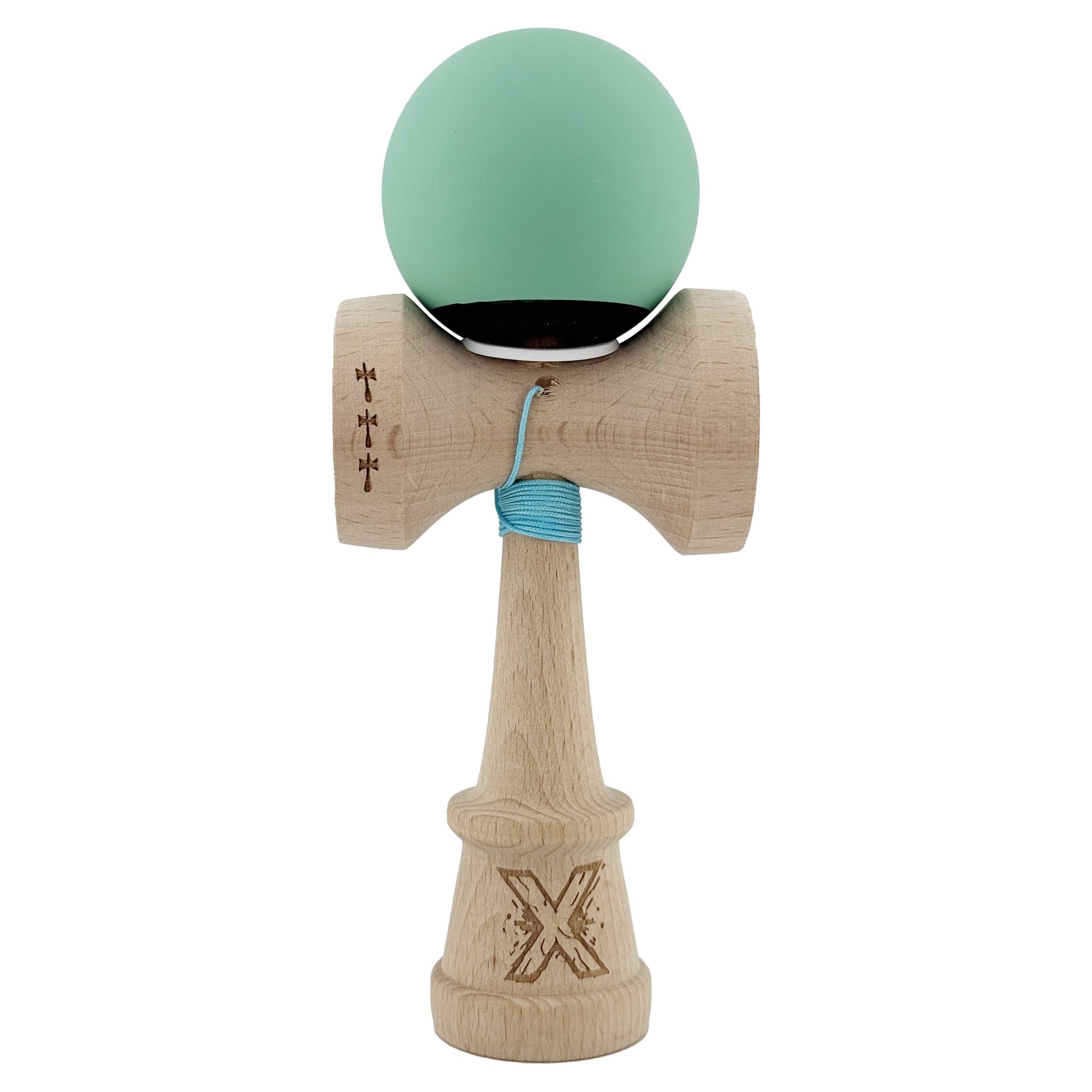 Kendama X Originala, Profesionala, Klevo, Rubber Grip, Cupe Mari KING SIZE V3, Gaura in Baza, Rulment Metalic, din lemn 18 cm, Ata 62/65 cm, Bicolor Turcoaz/Albastru inchis