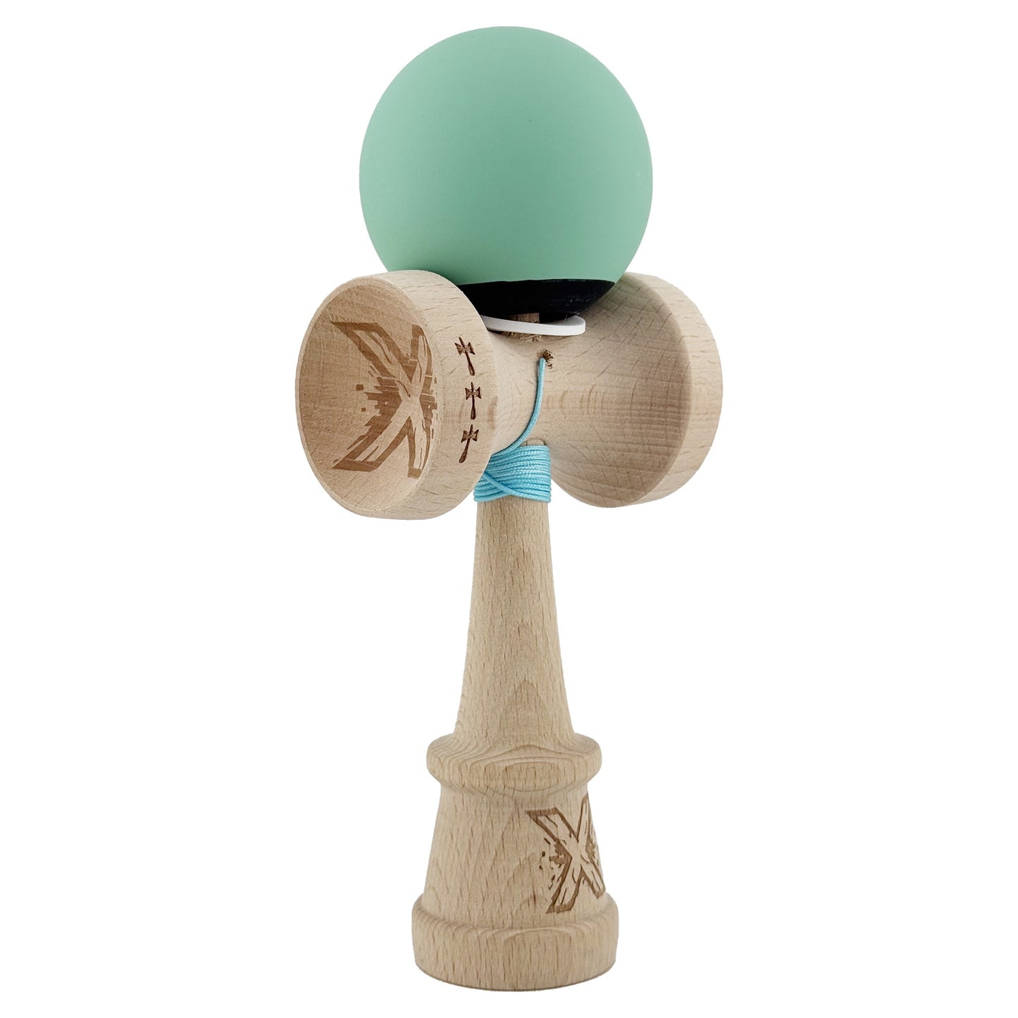 Kendama X Originala, Profesionala, Klevo, Rubber Grip, Cupe Mari KING SIZE V3, Gaura in Baza, Rulment Metalic, din lemn 18 cm, Ata 62/65 cm, Bicolor Turcoaz/Albastru inchis