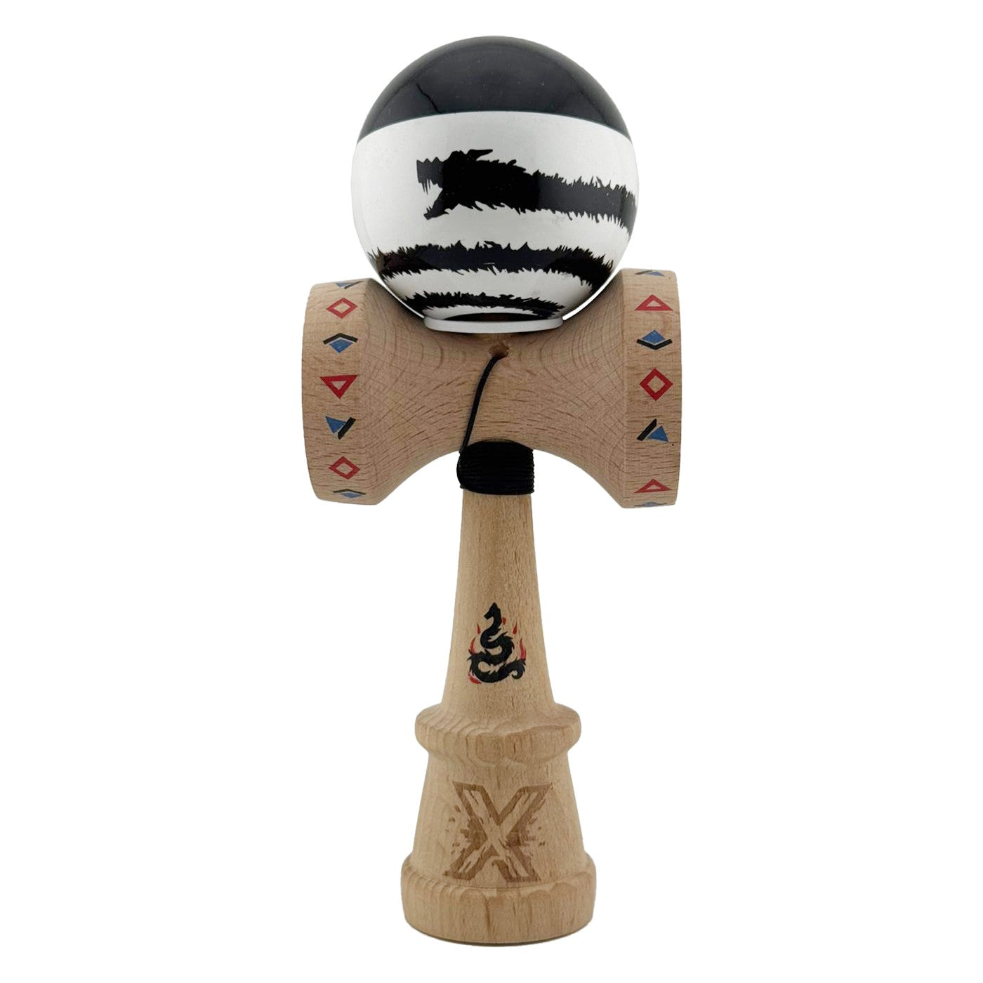 Kendama X Originala, Profesionala, Klevo, BLACK DRAGON, Super Sticky cu Cupe Mari KING SIZE V3, Gaura in Baza, Rulment Metalic, din lemn 18 cm, Ata 62/65 cm, Alb/Negru