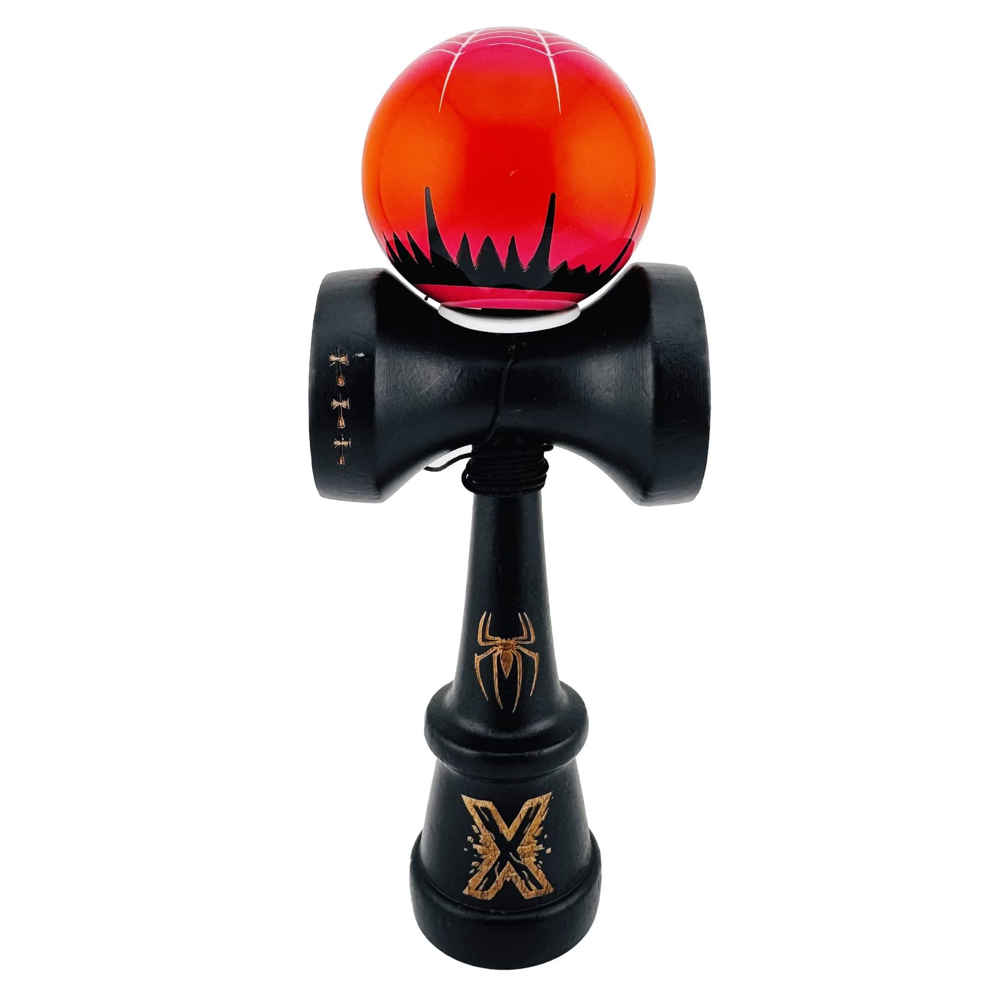 Kendama X Originala, Profesionala, Klevo, BLACK Spider King, Super Sticky cu Cupe Mari KING SIZE V3, Gaura in Baza, Rulment Metalic, din lemn 18 cm, Ata 62/65 cm, Rosu/Negru