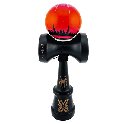 Kendama X Originala, Profesionala, Klevo, BLACK Spider King, Super Sticky cu Cupe Mari KING SIZE V3, Gaura in Baza, Rulment Metalic, din lemn 18 cm, Ata 62/65 cm, Rosu/Negru