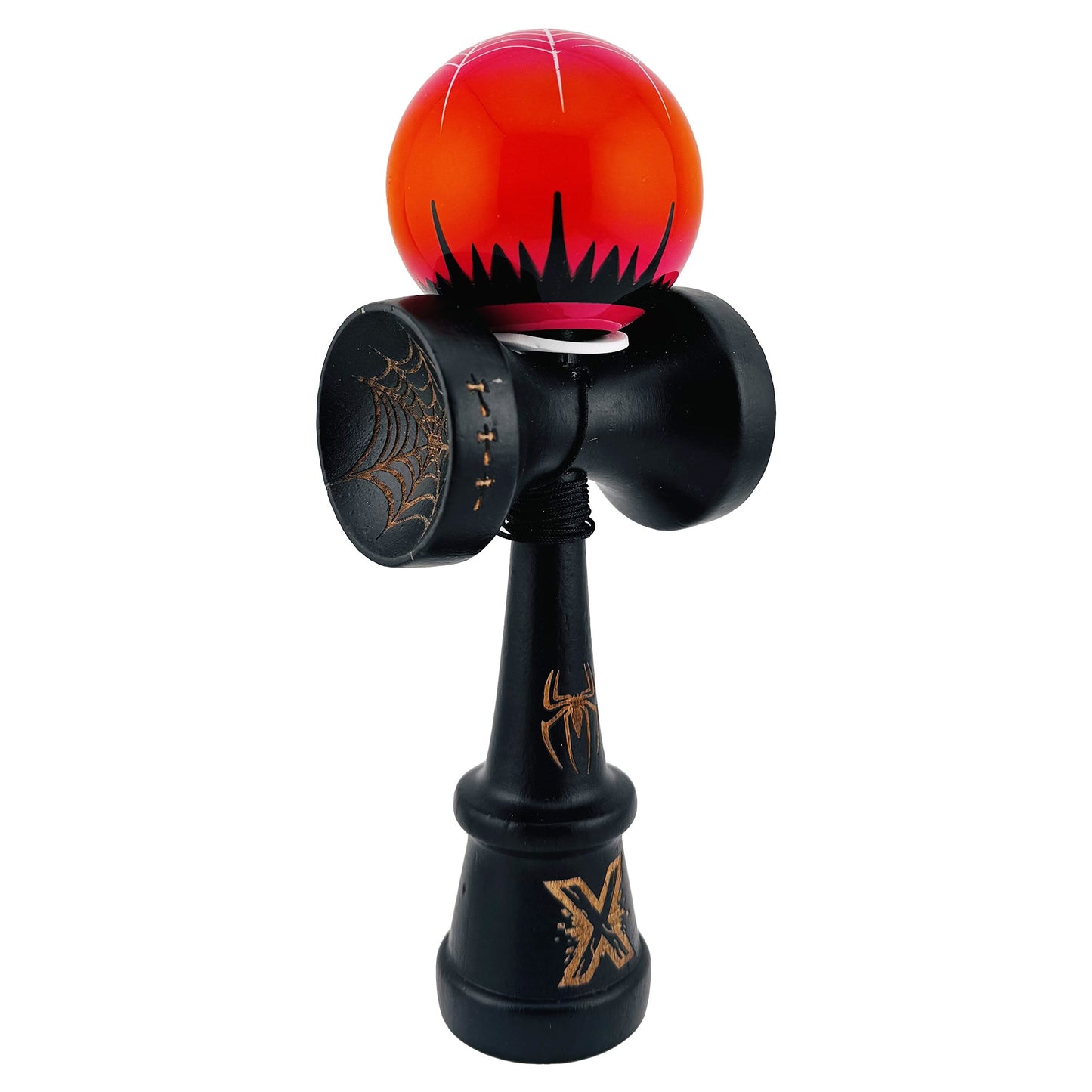 Kendama X Originala, Profesionala, Klevo, BLACK Spider King, Super Sticky cu Cupe Mari KING SIZE V3, Gaura in Baza, Rulment Metalic, din lemn 18 cm, Ata 62/65 cm, Rosu/Negru