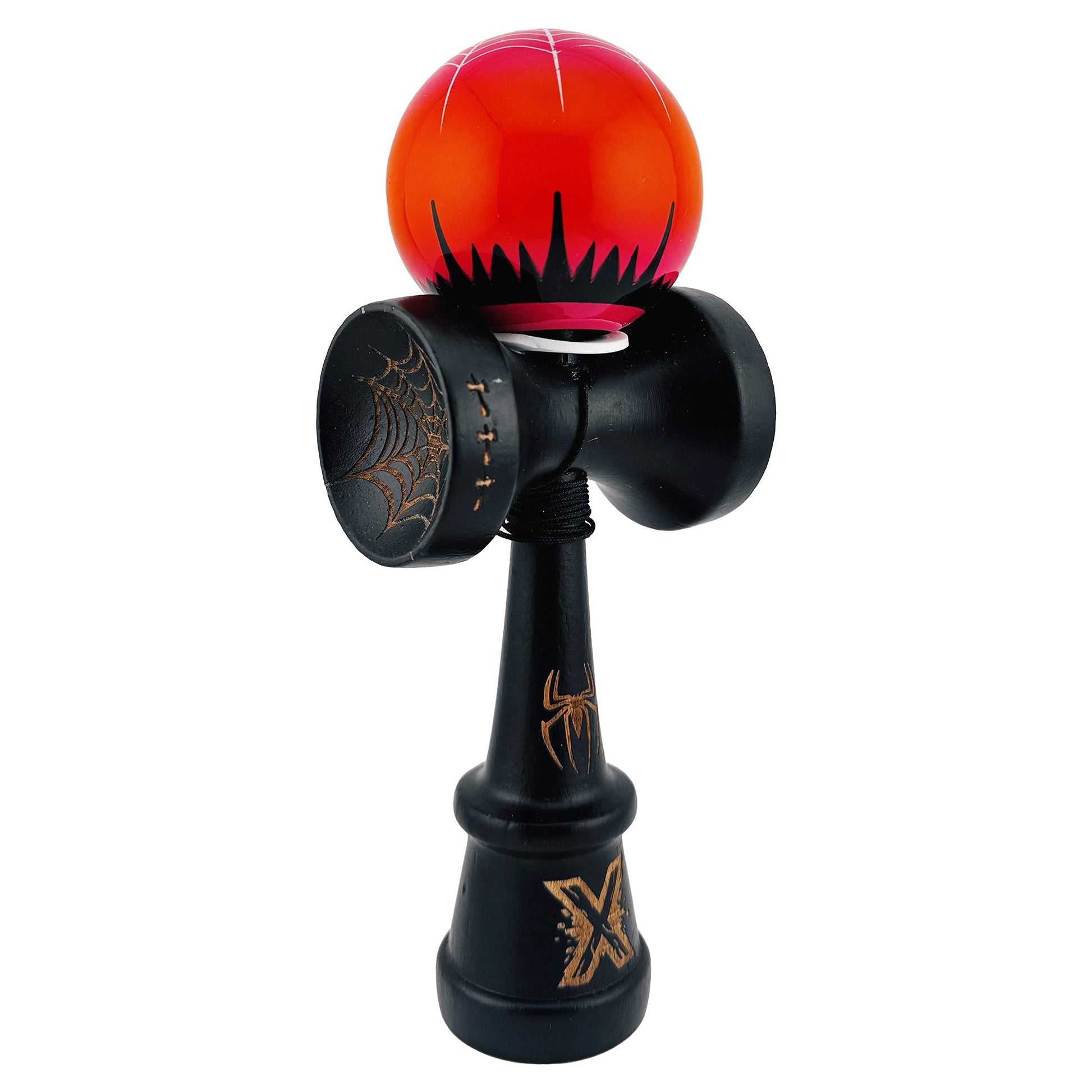 Kendama X Originala, Profesionala, Klevo, BLACK Spider King, Super Sticky cu Cupe Mari KING SIZE V3, Gaura in Baza, Rulment Metalic, din lemn 18 cm, Ata 62/65 cm, Rosu/Negru