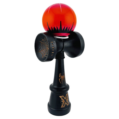 Kendama X Originala, Profesionala, Klevo, BLACK Spider King, Super Sticky cu Cupe Mari KING SIZE V3, Gaura in Baza, Rulment Metalic, din lemn 18 cm, Ata 62/65 cm, Rosu/Negru