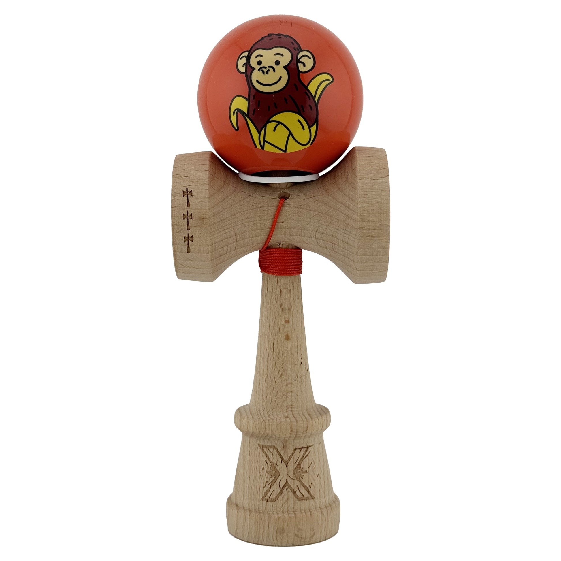 Kendama X Originala, Profesionala, Klevo, Brown Monkey, Super Sticky cu Cupe Mari King Size V3, Rulment Metalic si Gaura in Baza, din Lemn 18 cm, Ata 62/65 cm, Rosu