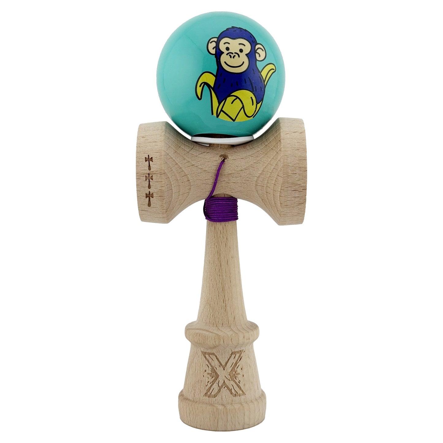 Kendama X Originala, Profesionala, Klevo, Blue Monkey, Super Sticky cu Cupe Mari King Size V3, Rulment Metalic si Gaura in Baza, din Lemn 18 cm, Ata 62/65 cm, Turcoaz