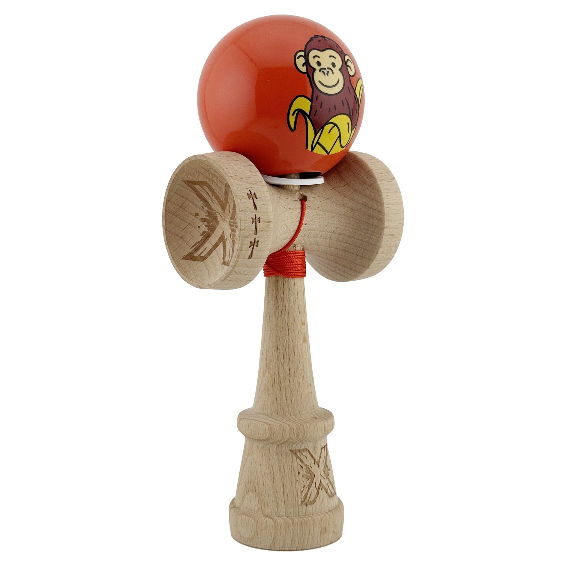 Kendama X Originala, Profesionala, Klevo, Brown Monkey, Super Sticky cu Cupe Mari King Size V3, Rulment Metalic si Gaura in Baza, din Lemn 18 cm, Ata 62/65 cm, Rosu