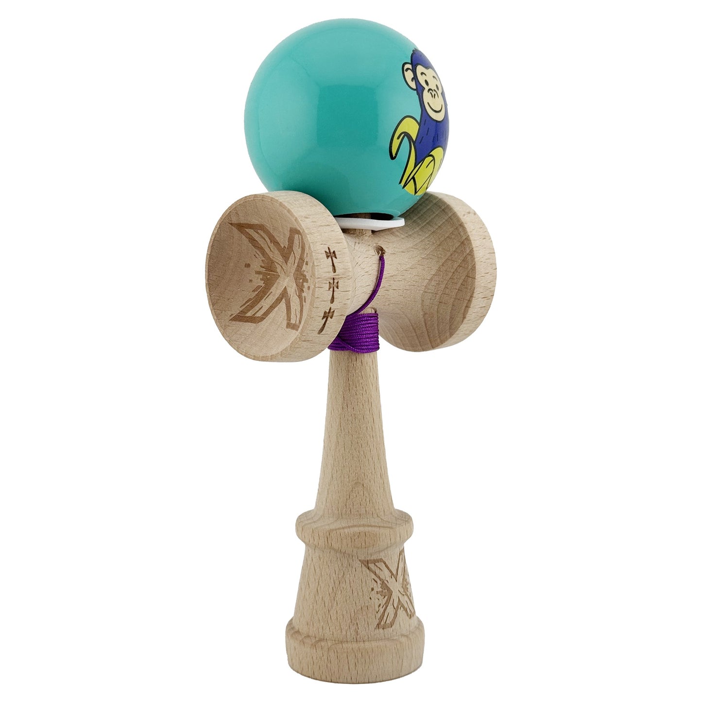 Kendama X Originala, Profesionala, Klevo, Blue Monkey, Super Sticky cu Cupe Mari King Size V3, Rulment Metalic si Gaura in Baza, din Lemn 18 cm, Ata 62/65 cm, Turcoaz