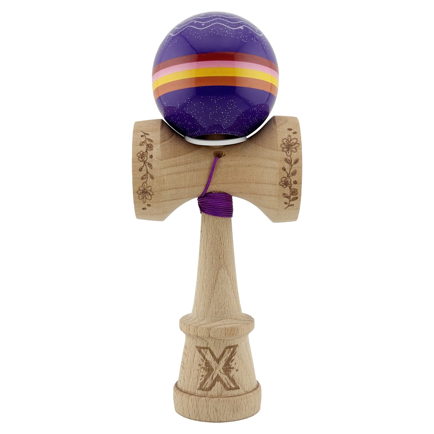 Kendama X Originala, Profesionala, Klevo, NIGHT SKY, Super Sticky cu Cupe Mari KING SIZE V3, Gaura in Baza, Rulment Metalic, din lemn 18 cm, Ata 62/65 cm, Mov