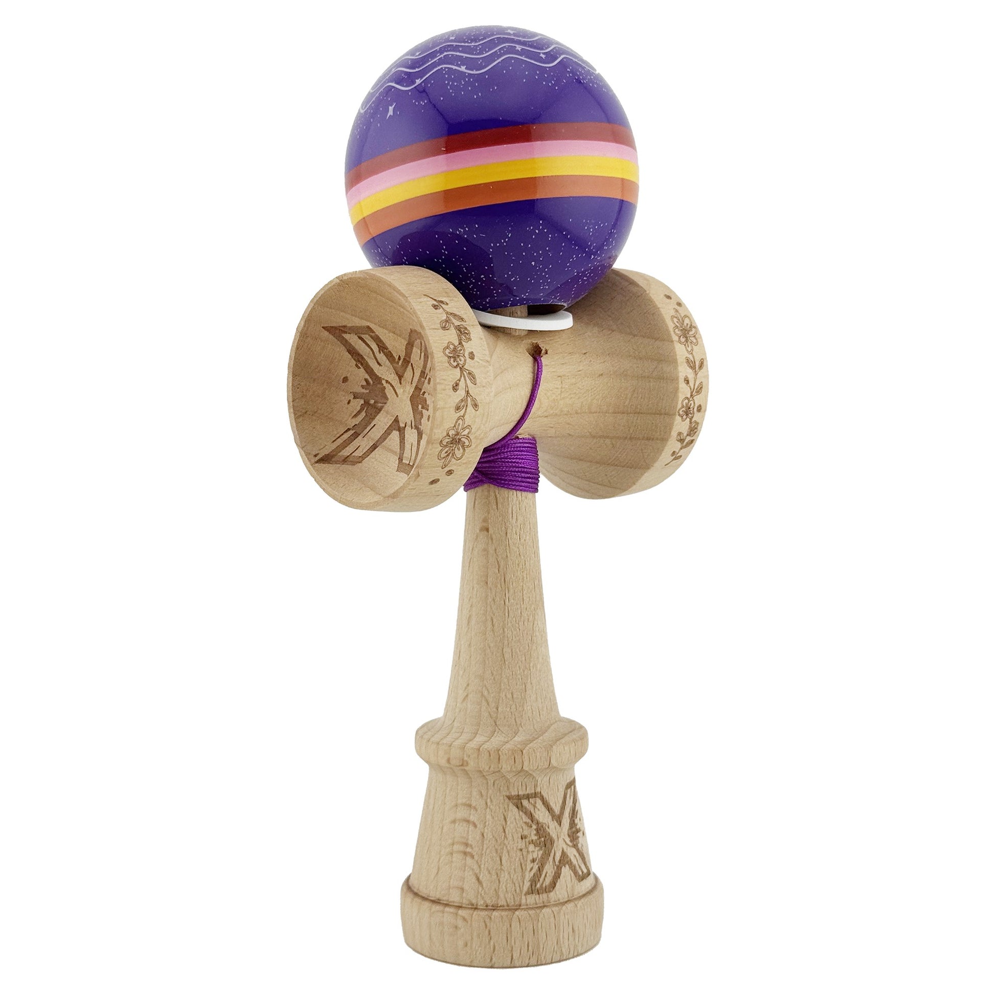 Kendama X Originala, Profesionala, Klevo, NIGHT SKY, Super Sticky cu Cupe Mari KING SIZE V3, Gaura in Baza, Rulment Metalic, din lemn 18 cm, Ata 62/65 cm, Mov