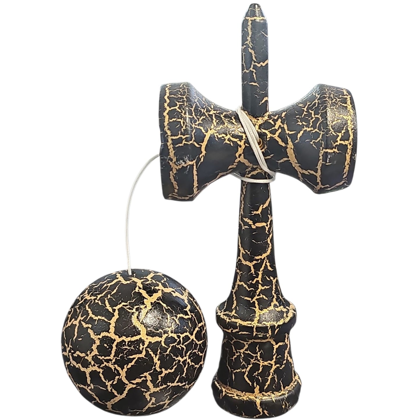 Kendama X Originala, Profesionala, Klevo, Cracked, din Lemn, 18 cm, Negru/Auriu
