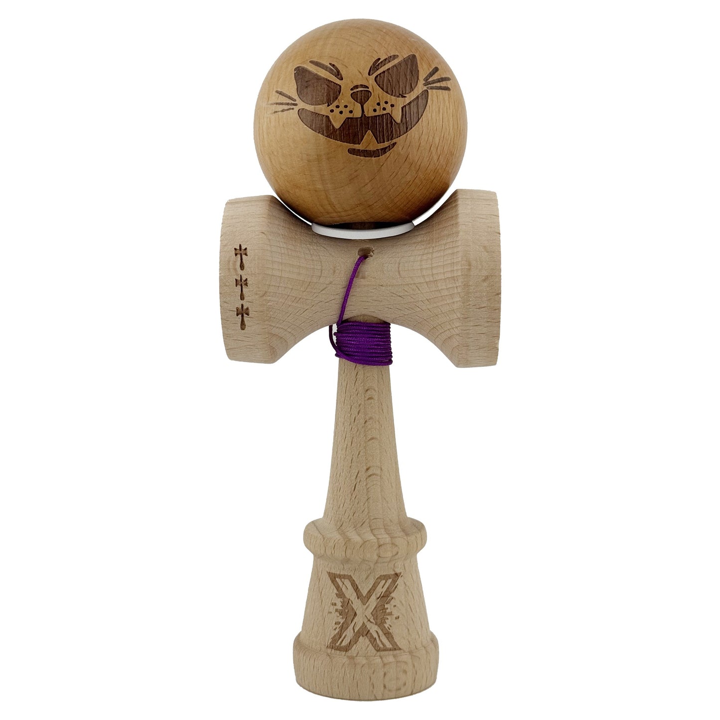 Kendama X Originala, Profesionala, Klevo, Crazy Cat, Super Sticky, Cupe Mari KING SIZE V3, Gaura in Baza, Rulment Metalic, din lemn 18 cm, Ata 62/65 cm, Maro