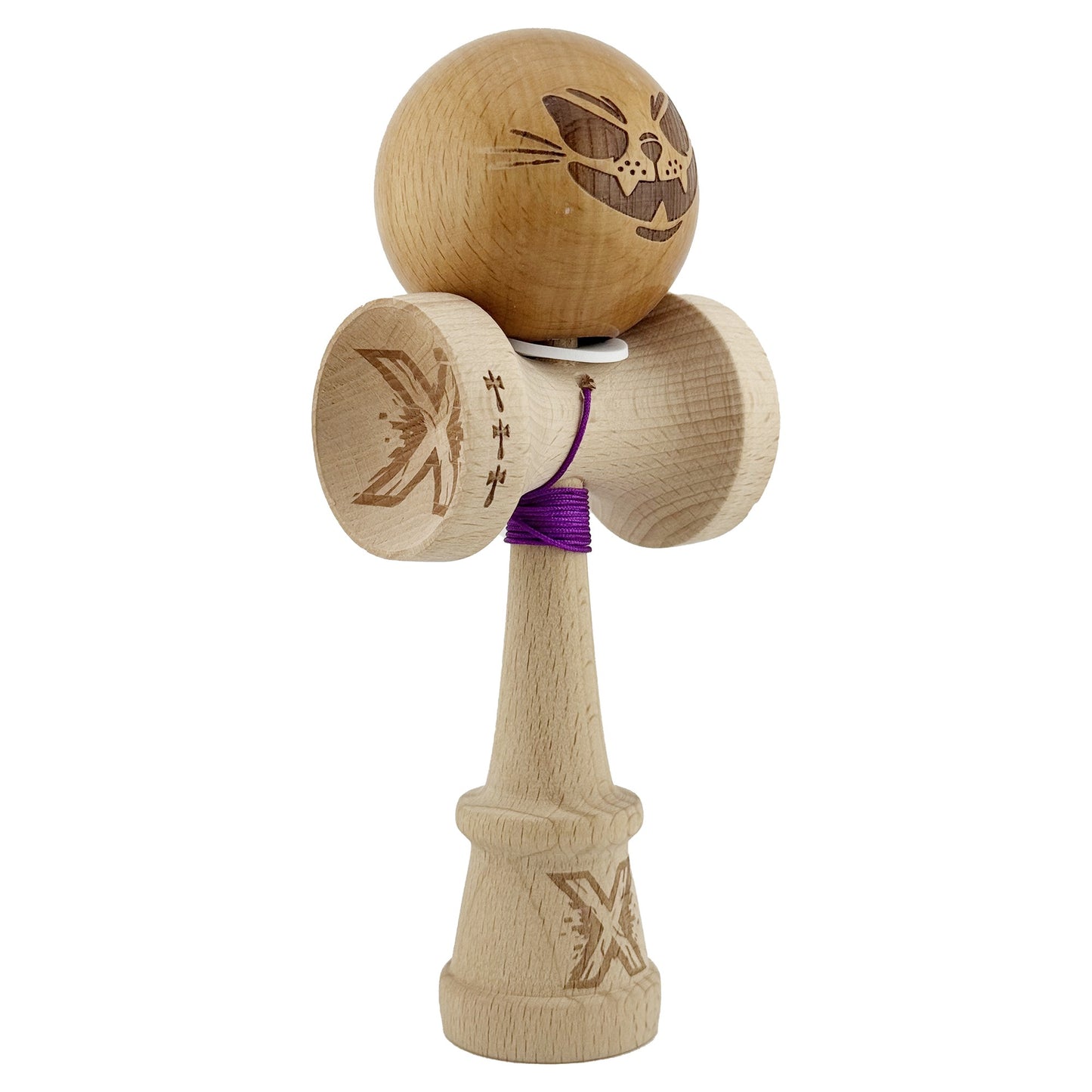 Kendama X Originala, Profesionala, Klevo, Crazy Cat, Super Sticky, Cupe Mari KING SIZE V3, Gaura in Baza, Rulment Metalic, din lemn 18 cm, Ata 62/65 cm, Maro