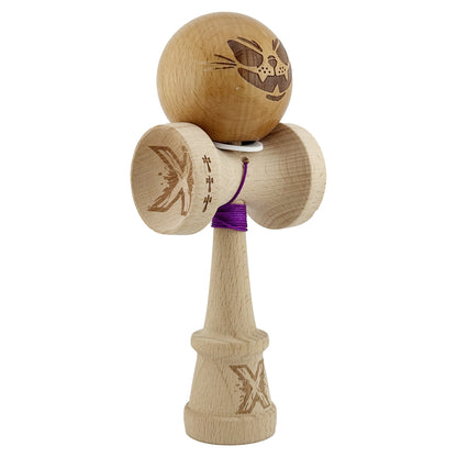 Kendama X Originala, Profesionala, Klevo, Crazy Cat, Super Sticky, Cupe Mari KING SIZE V3, Gaura in Baza, Rulment Metalic, din lemn 18 cm, Ata 62/65 cm, Maro