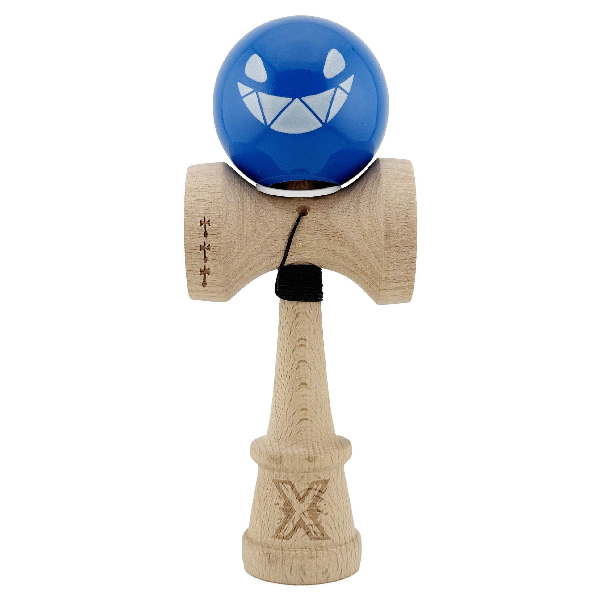 Kendama X Originala, Profesionala, Klevo, Crazy Smile, Super Sticky cu Cupe Mari KING SIZE V3, Gaura in Baza, Rulment Metalic, din lemn 18 cm, Ata 62/65 cm, Special Albastru