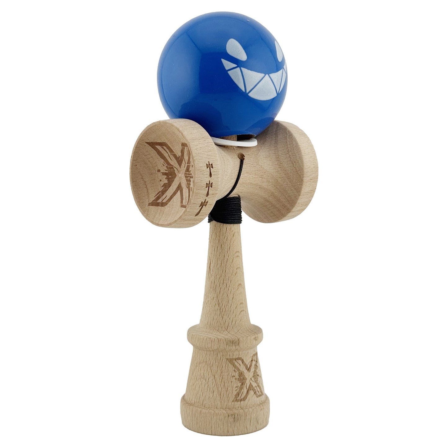 Kendama X Originala, Profesionala, Klevo, Crazy Smile, Super Sticky cu Cupe Mari KING SIZE V3, Gaura in Baza, Rulment Metalic, din lemn 18 cm, Ata 62/65 cm, Special Albastru