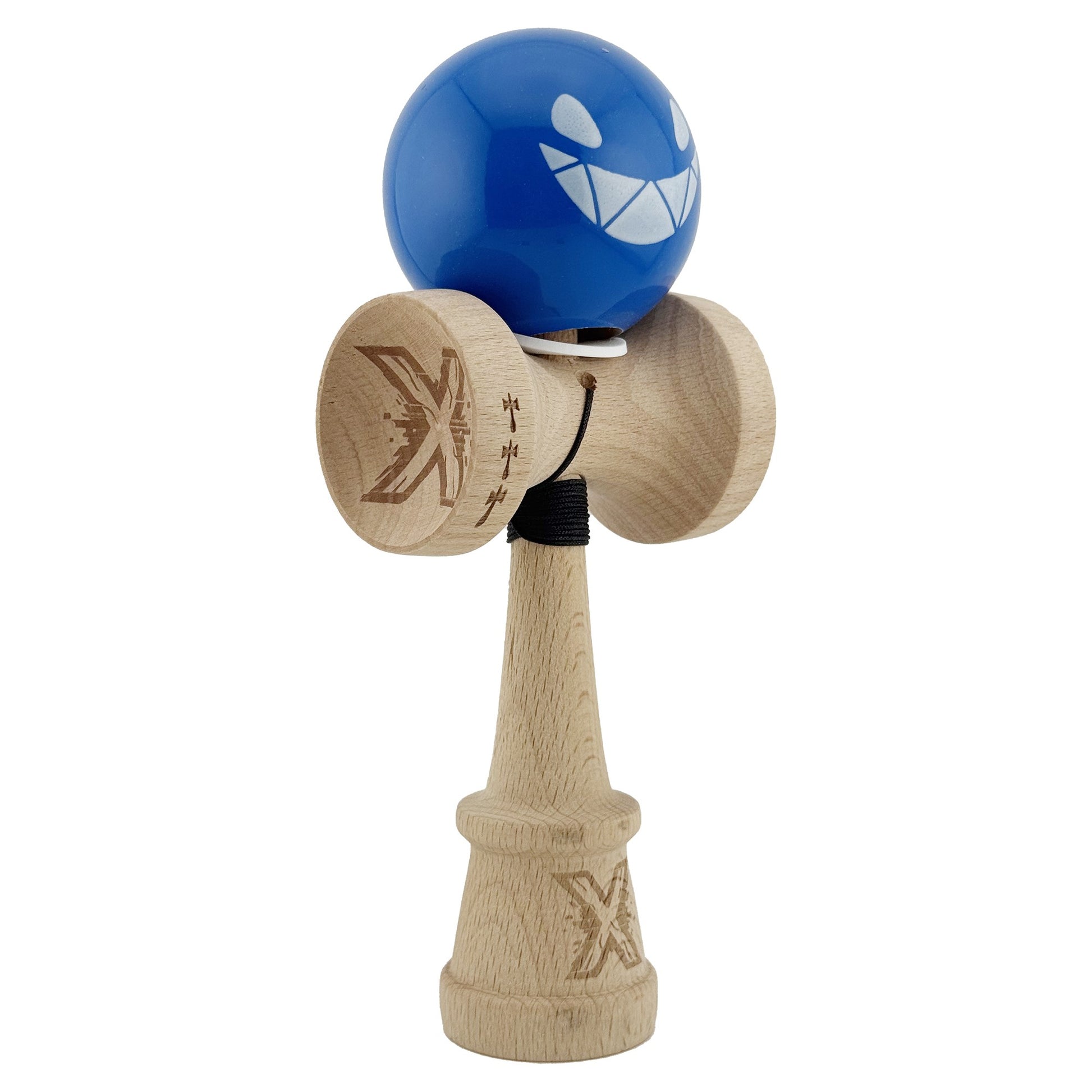 Kendama X Originala, Profesionala, Klevo, Crazy Smile, Super Sticky cu Cupe Mari KING SIZE V3, Gaura in Baza, Rulment Metalic, din lemn 18 cm, Ata 62/65 cm, Special Albastru