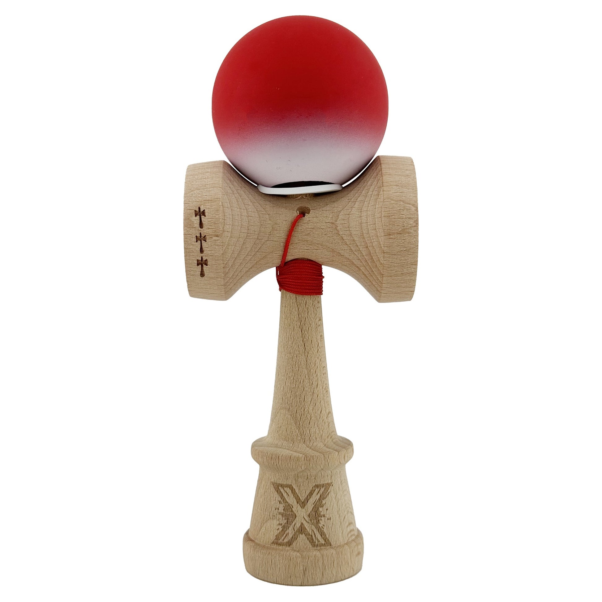 Kendama X Originala, Profesionala, Klevo, Cupe Mari KING SIZE V3, Rubber Grip, Gaura in Baza, Rulment Metalic, din lemn 18 cm, Ata 62/65 cm, Gradient Rosu/Alb