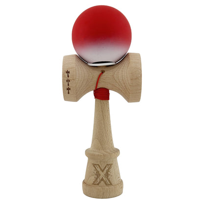 Kendama X Originala, Profesionala, Klevo, Cupe Mari KING SIZE V3, Rubber Grip, Gaura in Baza, Rulment Metalic, din lemn 18 cm, Ata 62/65 cm, Gradient Rosu/Alb