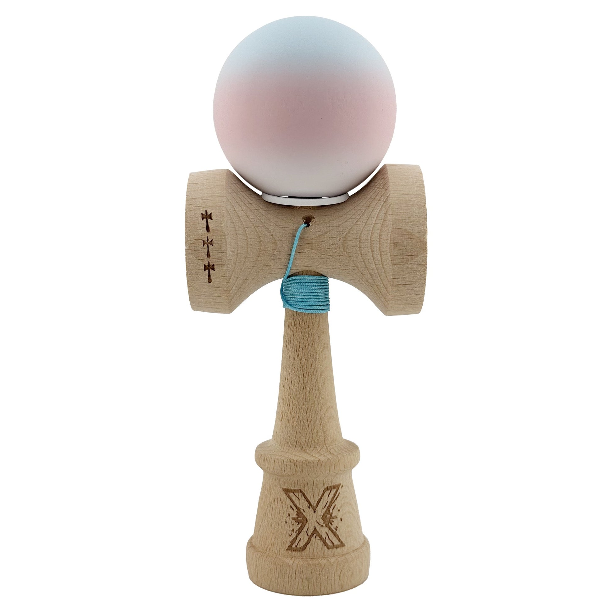 Kendama X Originala, Profesionala, Klevo, Cupe Mari KING SIZE V3, Rubber Grip, Gaura in Baza, Rulment Metalic, din lemn 18 cm, Ata 62/65 cm, Gradient Albastru deschis/Roz/Alb