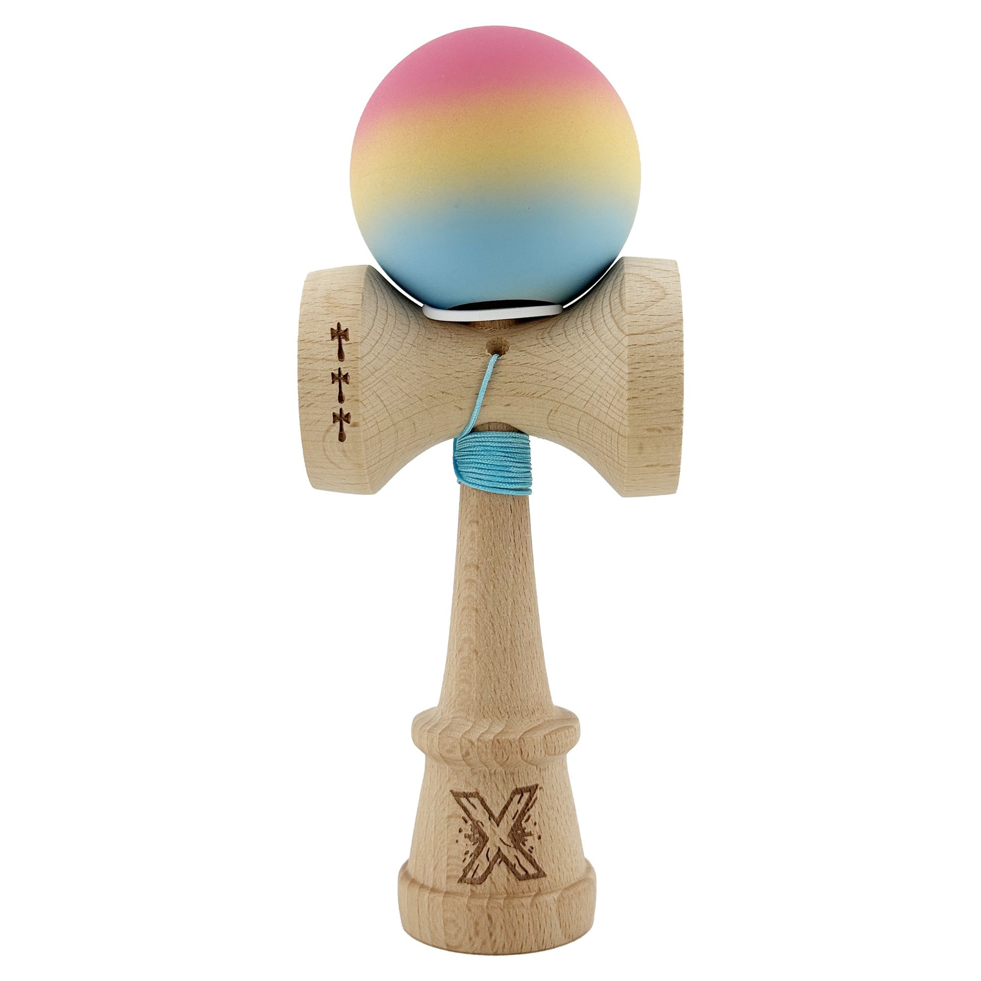 Kendama X Originala, Profesionala, Klevo, Cupe Mari KING SIZE V3, Rubber Grip, Gaura in Baza, Rulment Metalic, din lemn 18 cm, Ata 62/65 cm, Gradient Roz/Galben/Albastru deschis