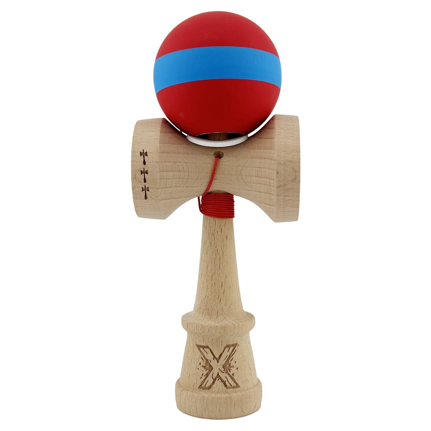 Kendama X Originala, Profesionala, Klevo, Cupe Mari KING SIZE V3, Rubber Grip, Gaura in Baza, Rulment Metalic, din lemn 18 cm, Ata 62/65 cm, M Bicolor Rosu/Albastru