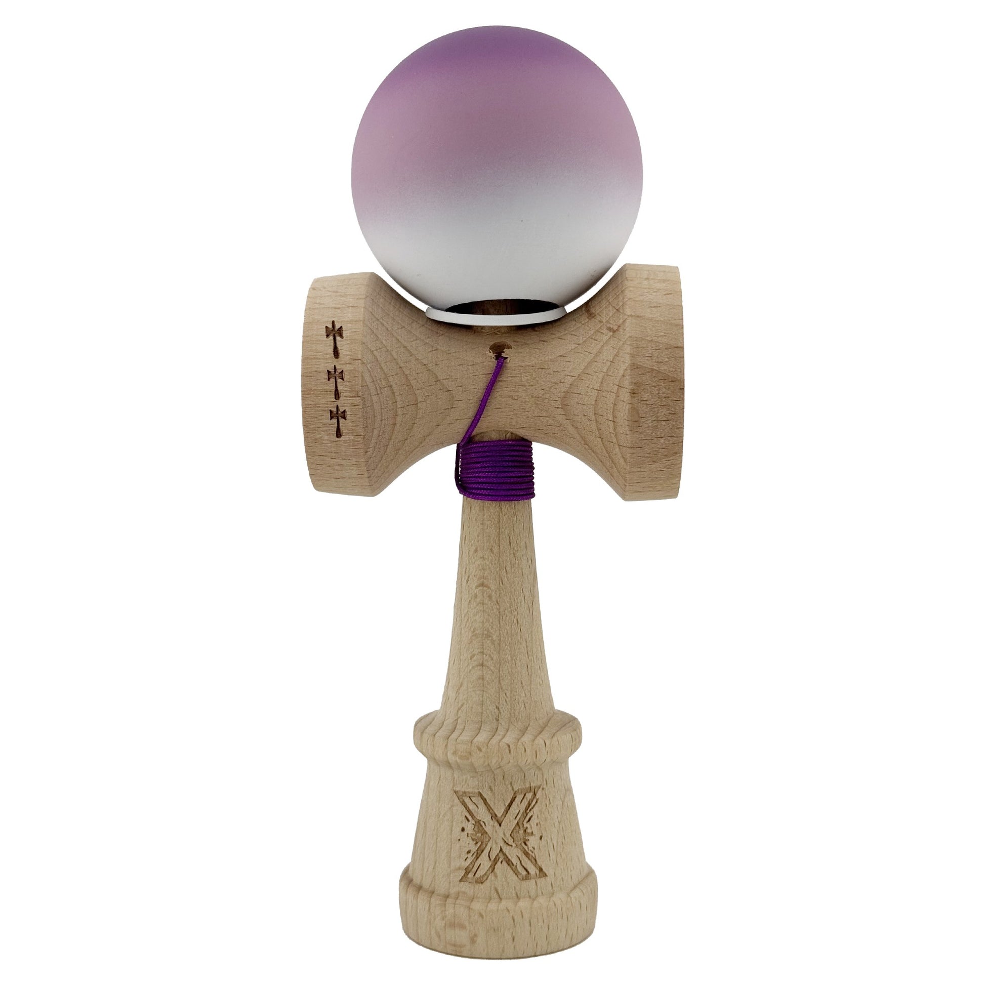 Kendama X Originala, Profesionala, Klevo, Cupe Mari KING SIZE V3, Rubber Grip, Gaura in Baza, Rulment Metalic, din lemn 18 cm, Ata 62/65 cm, Gradient Mov/Alb